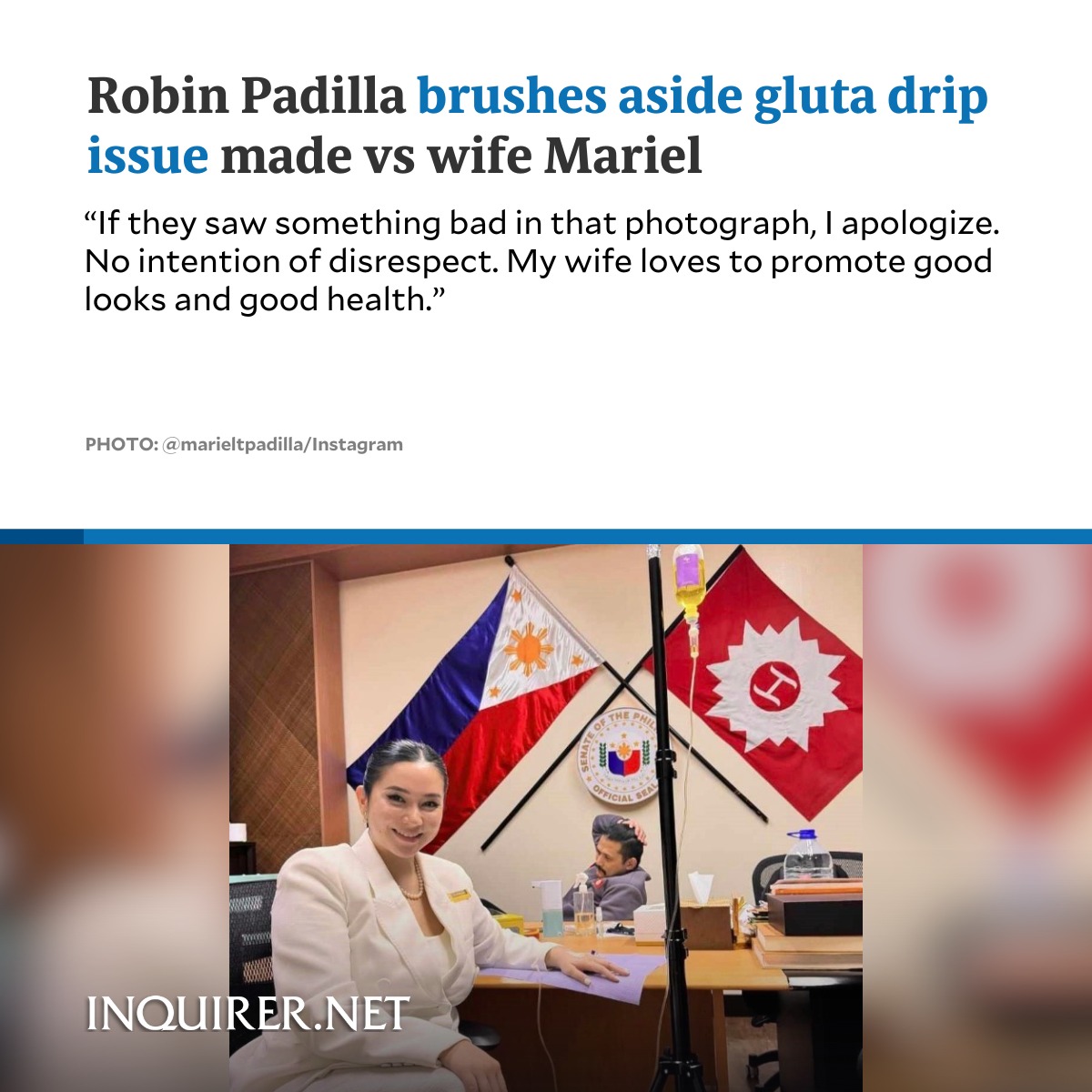mariel padilla glutathione MY WIFE LOVES TO PROMOTE GOOD LOOKS AND GOOD HEALTH.' Senator Robin finds it “nakakatawa” that the gluta drip session of his wife, actress Padilla, became a “political issue” just Quantity:2-Pack