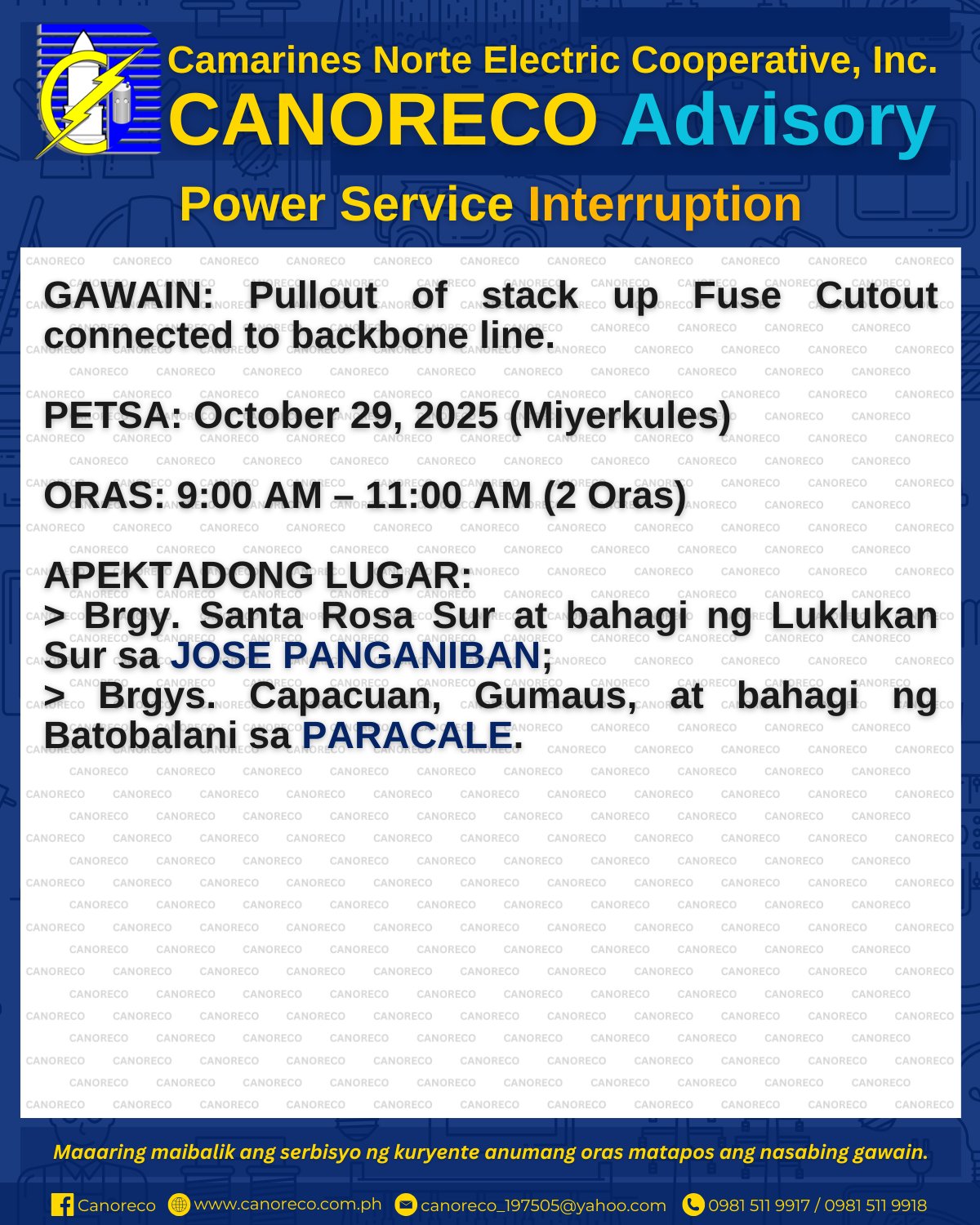CANORECO - CANORECO Advisory: POWER SERVICE INTERRUPTION GAWAIN ...