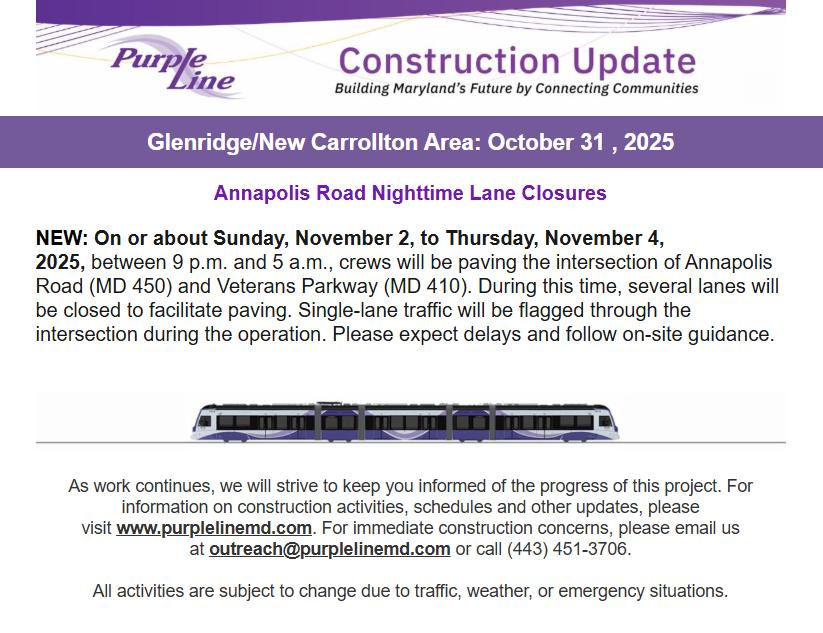 City - Purple Line Update: Annapolis Road Nighttime Lane Closures on or ...