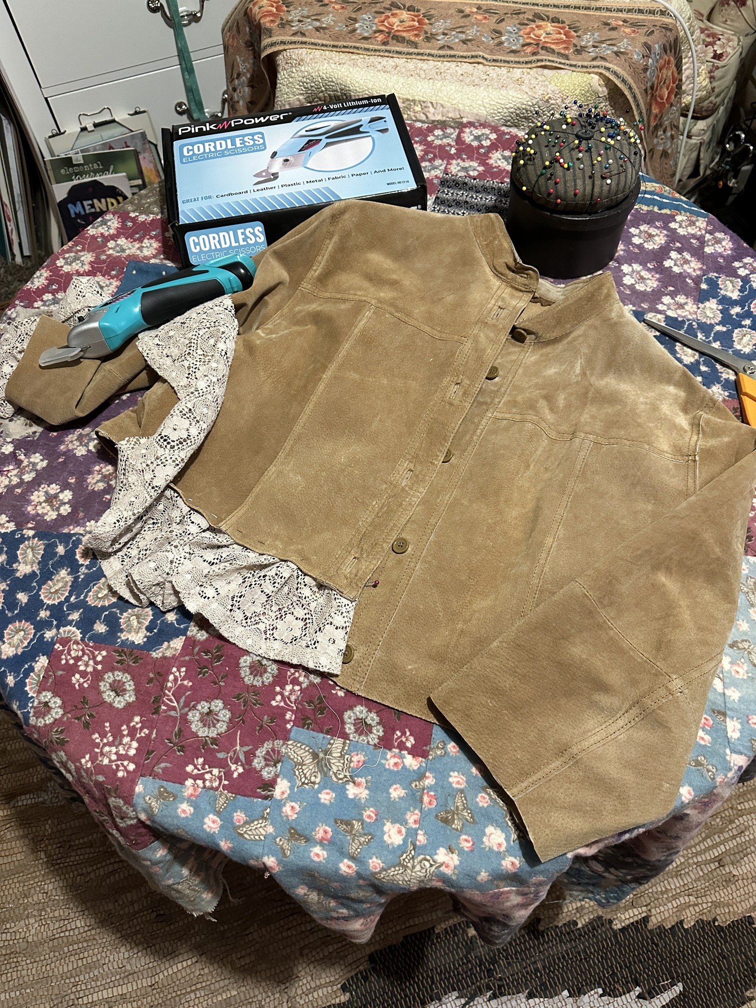 Upcycling a thrift store leather jacket into a cropped leather 