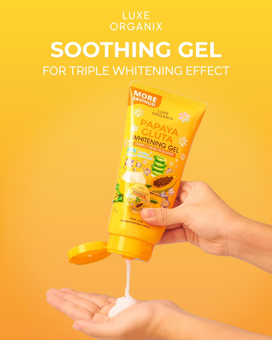 Papaya-Gluta Whitening Gel is packed with skin-loving ingredients giving you the glow you deserve! 🤩 💛 Papaya Extract 💛 Glutathione 💛 Niacinamide 🛒 Shop now in @watsonsph stores & online! #LuxeOrganixPH