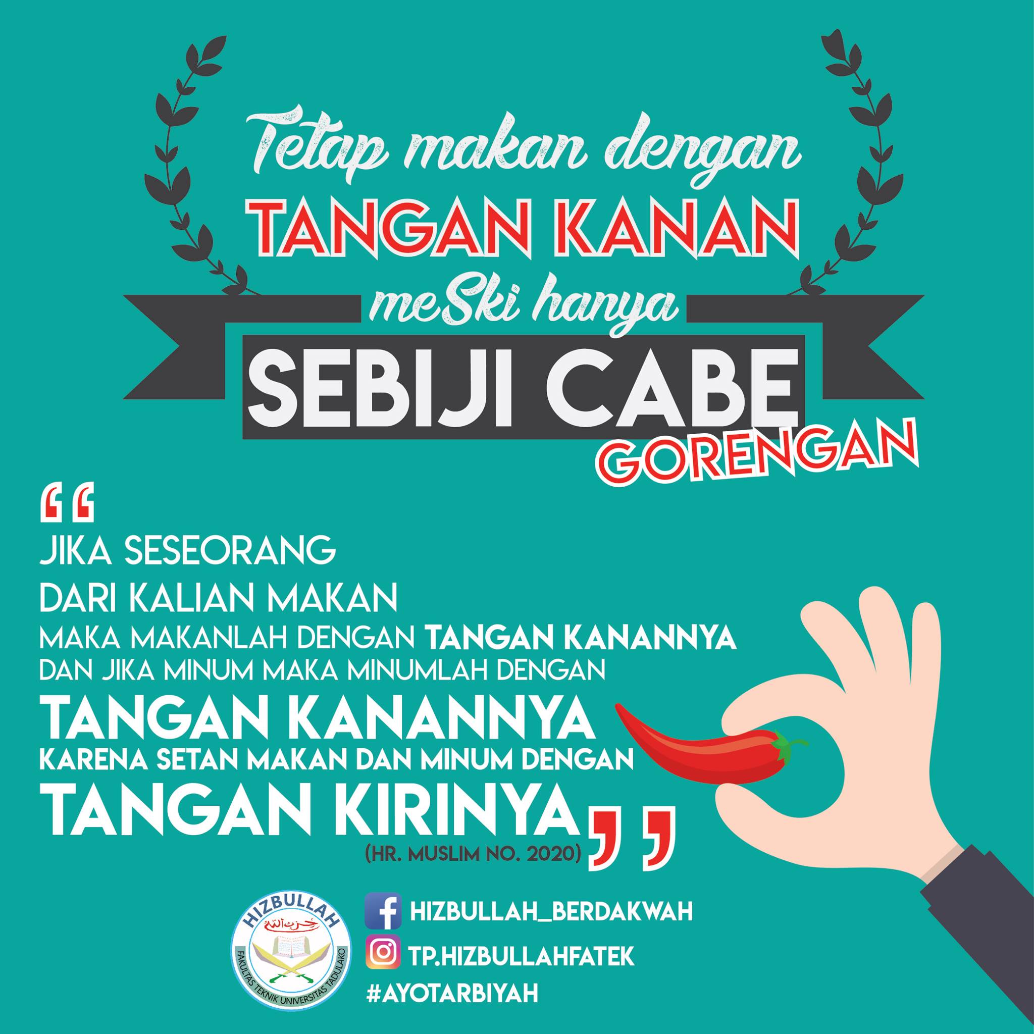 Hizbullah Berdakwah Meski Hanya Sebiji Cabe Gorengan Makannya Tetap Harus Menggunakan Tangan Kanan Ini Juga Berlaku Ketika Minum Loh Kenapa Karena Berdasarkan Hadits Ibnu Umar Radhiallahu Anhuma إذا أ ك ل أحد ك م فليأكل بيمين ه وإذا