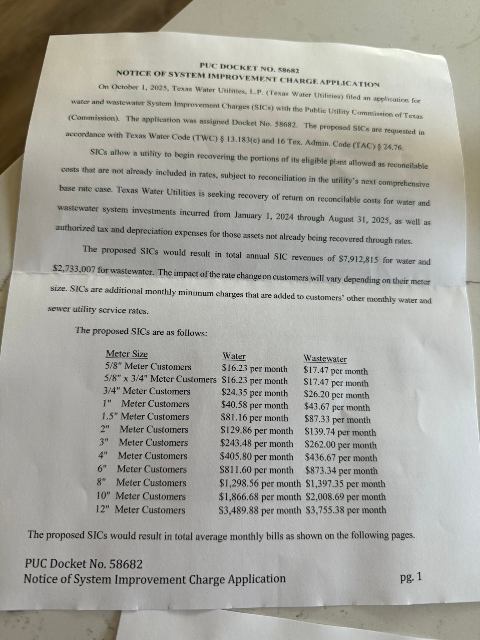 ざわたく What is the System Improvement Charge on Texas water bills?