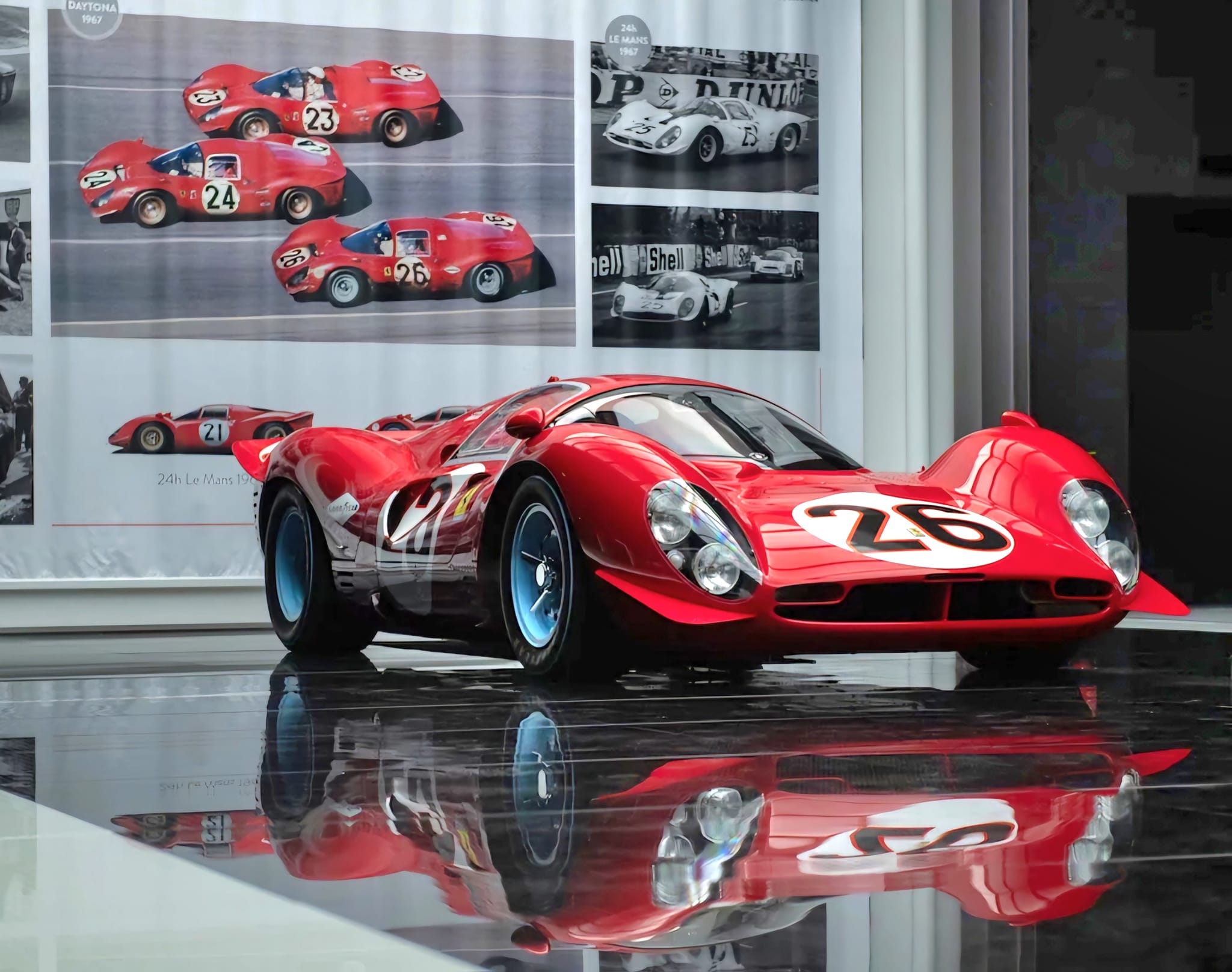 A Ferrari 330 P4 in red at the start of the 24 Hours of Le Mans