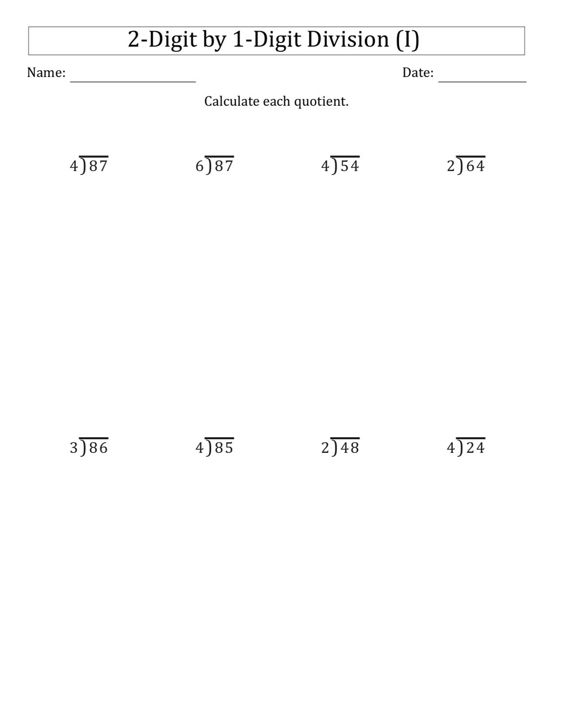 Learn - 2-Digit ÷ 1-Digit Division Practice Perfect for building ...