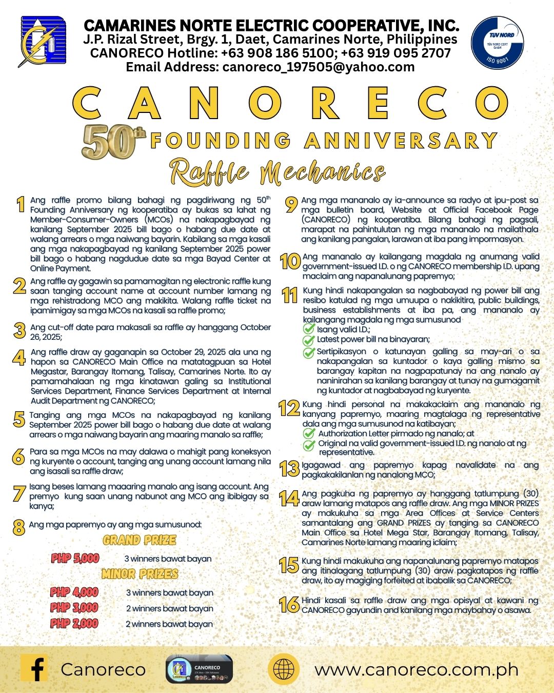 CANORECO - CANORECO | 50th Founding Anniversary Raffle Winners Narito ...