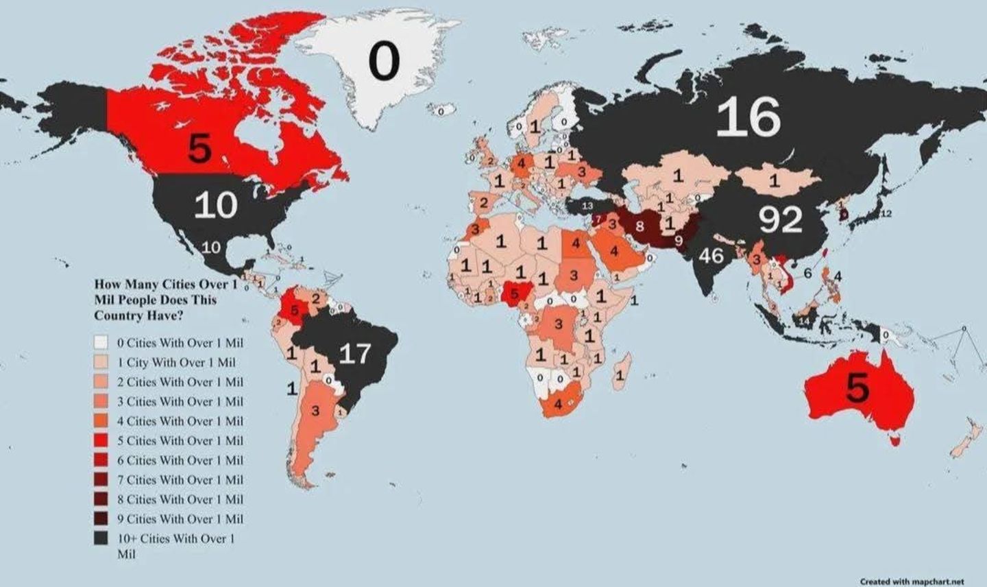Map Porn | Countries ranked by number of cities with 1M+ population ...