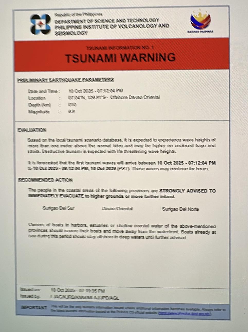 Mayo - TSUNAMI WARNING Date and Time: Oct 10, 2025 at 7:12:04 PM Davao ...