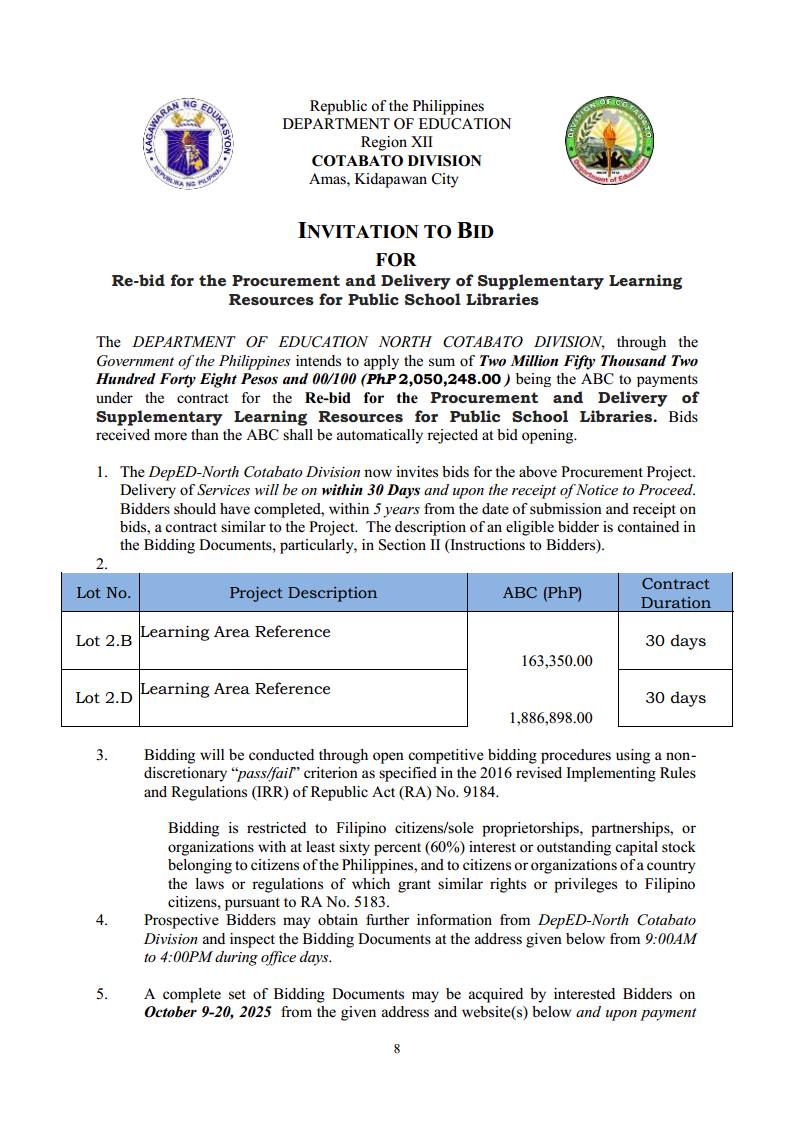 INVITATION TO BID... - DepEd RXII SDO Cotabato Province | Facebook