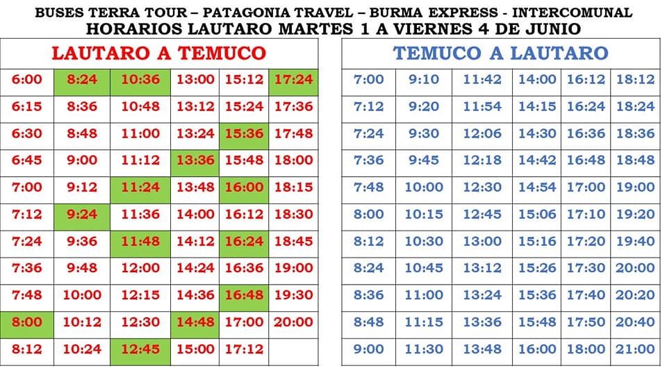 HORARIOS PARA ESTA PRIMERA SEMANA... - Buses Patagonia Travel