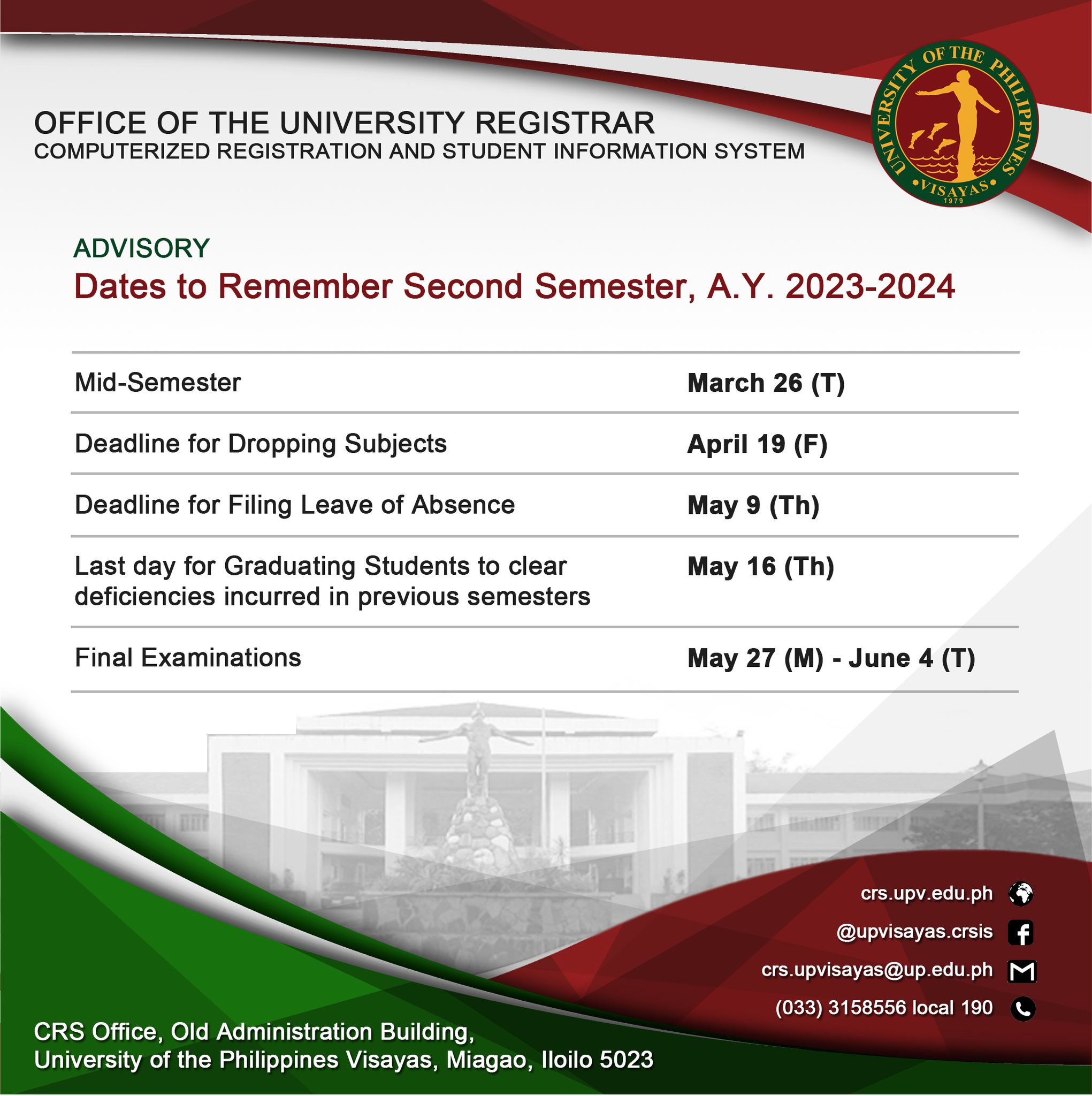 Dates to Remember, Second Semester,... - UP Visayas Computerized ...
