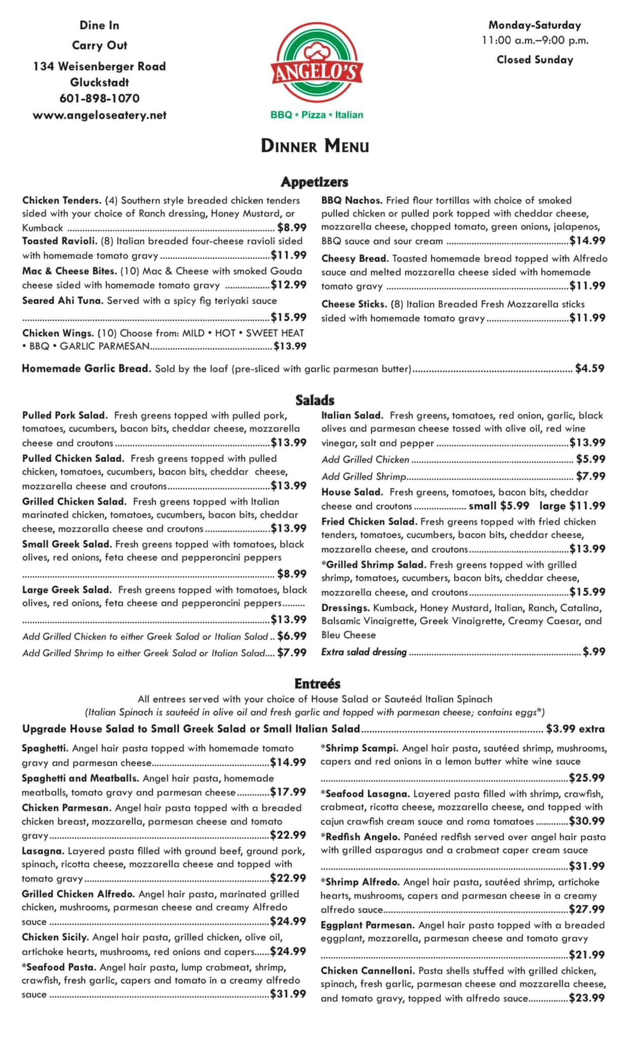 Updated dinner menu 👀 We... - Angelo's BBQ Pizza and Italian | Facebook