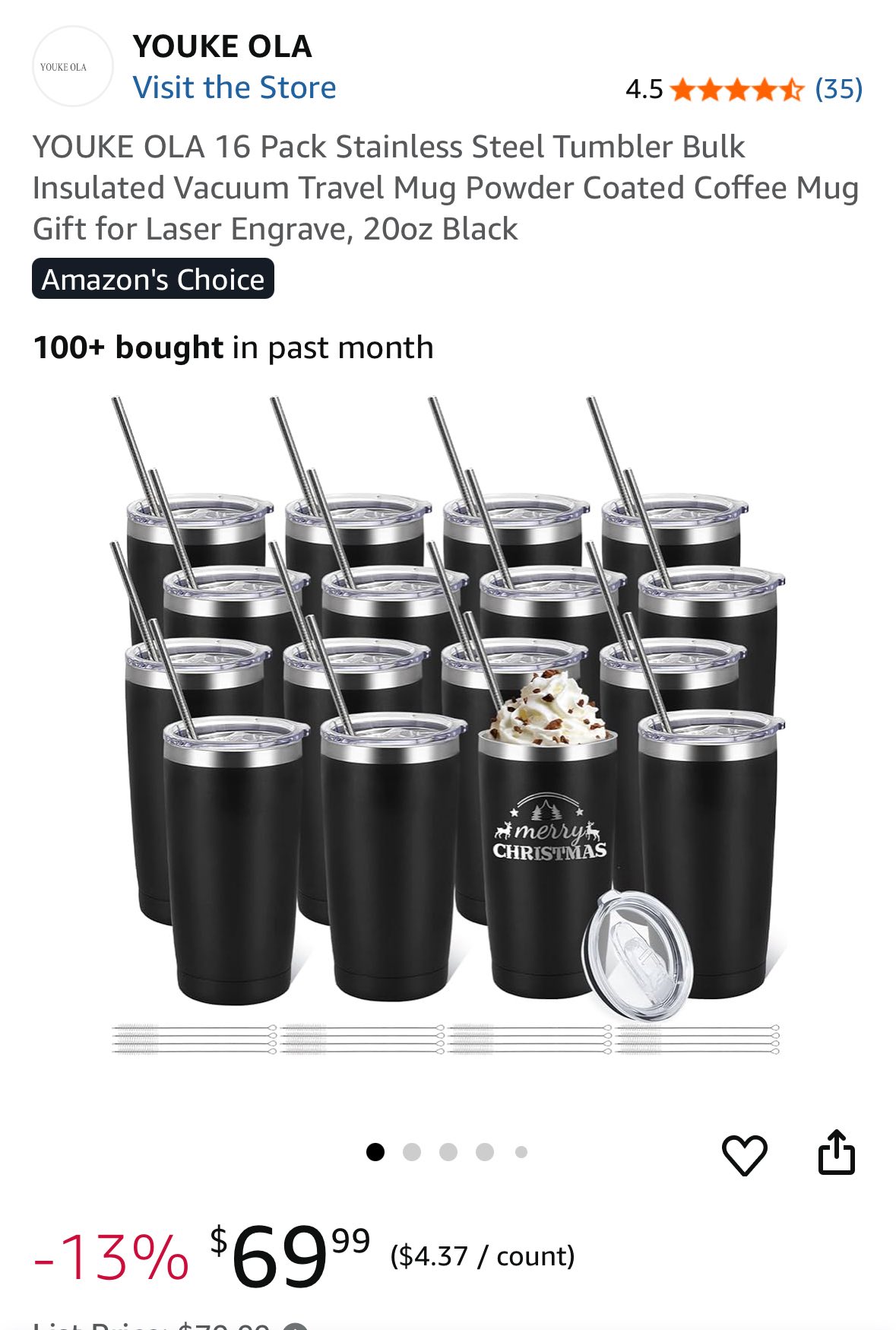 YOUKE OLA 16-Pack Black Stainless Steel Tumblers - 20oz Insulated Coffee Mugs With Lids & Straws