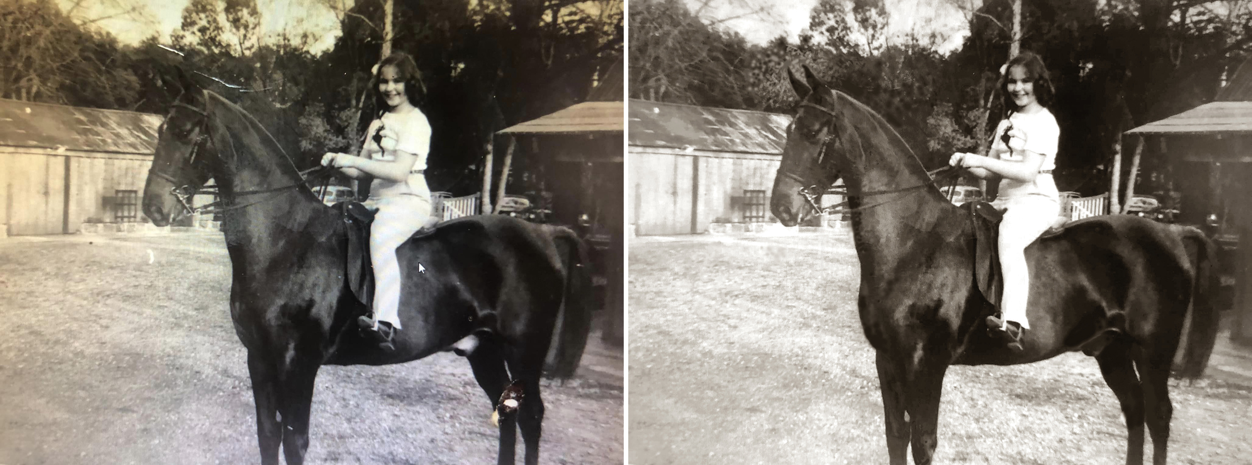 Restored 1941 photo of Joan Robinson Hill on a horse
