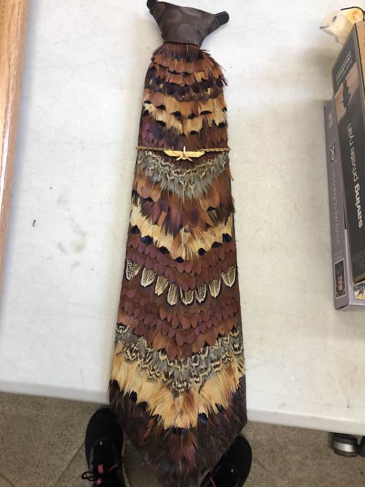 Vintage pheasant feather tie found in Alamo hospice thrift store