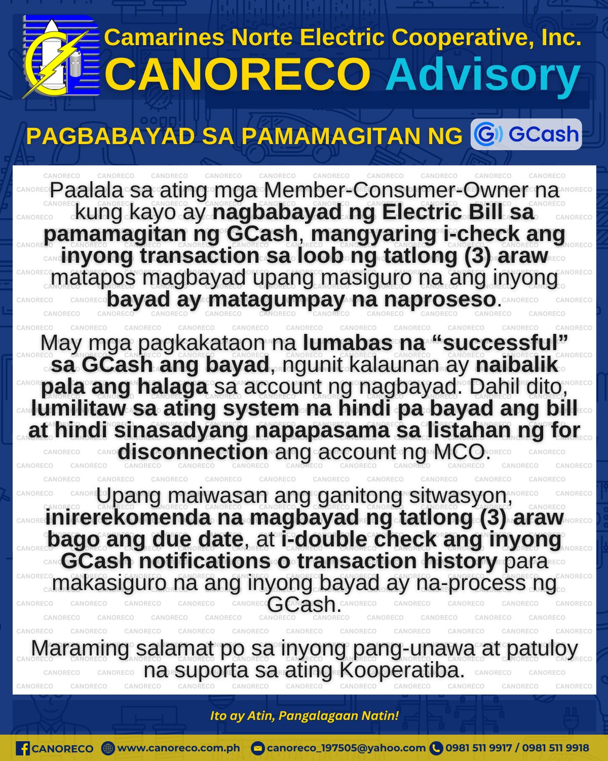 CANORECO - CANORECO Advisory: PAGBABAYAD SA PAMAMAGITAN NG GCASH ...