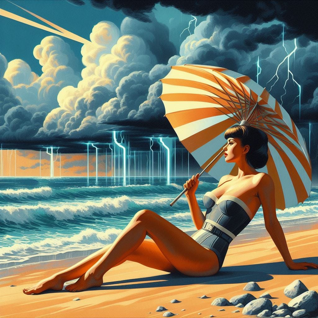 Hajime Sorayama retro sci-fi art of model sunbathing