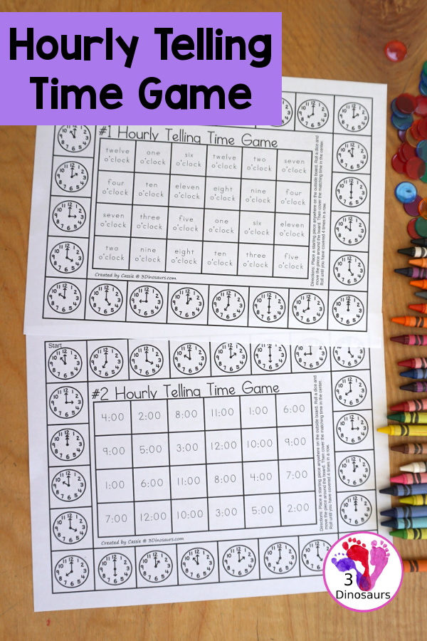 3 Dinosaurs - Hourly Telling Time Game Printables A fun telling time ...