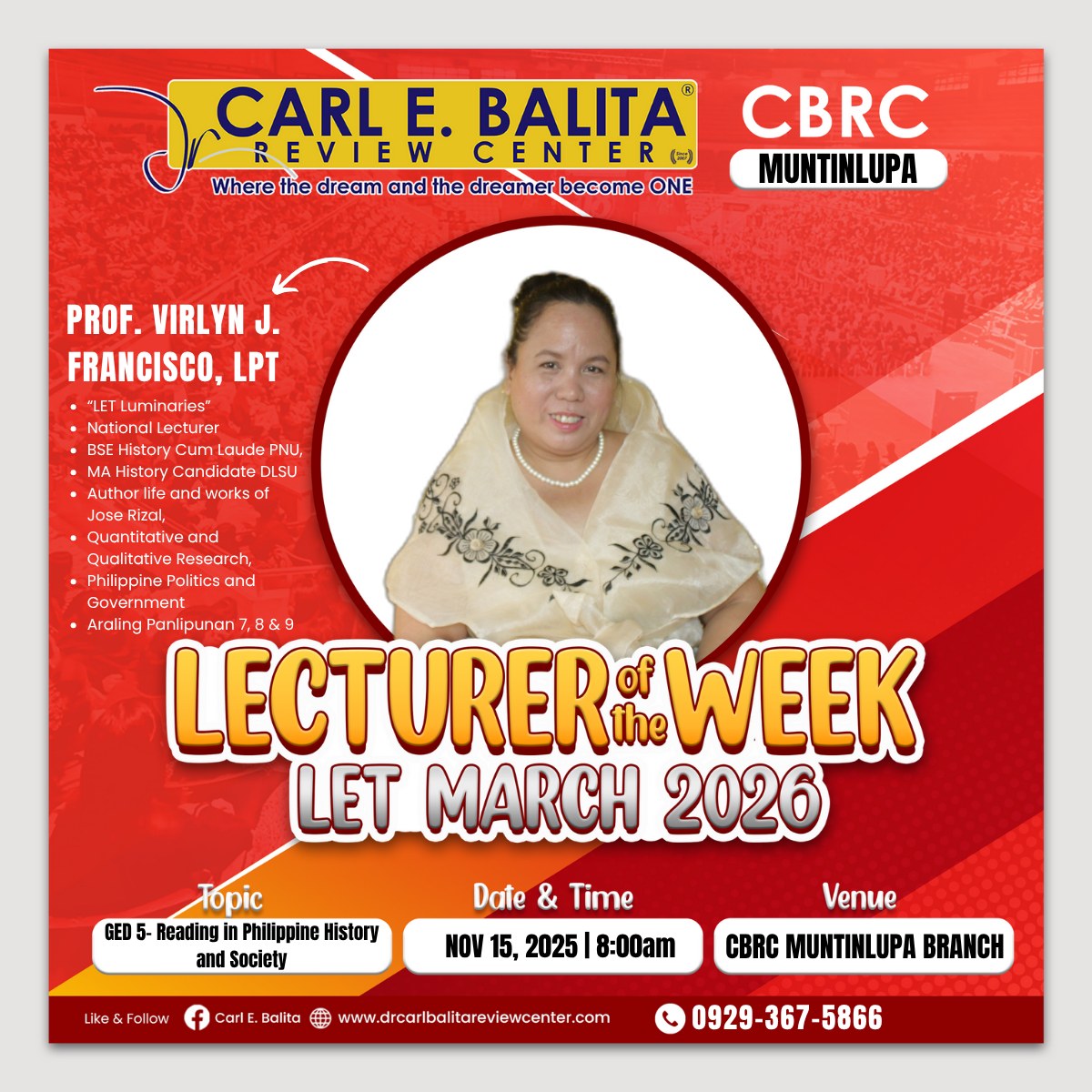 CBRC Muntinlupa - ‼LECTURER OF THE WEEK‼ LET MARCH 2026. 📆... | Facebook