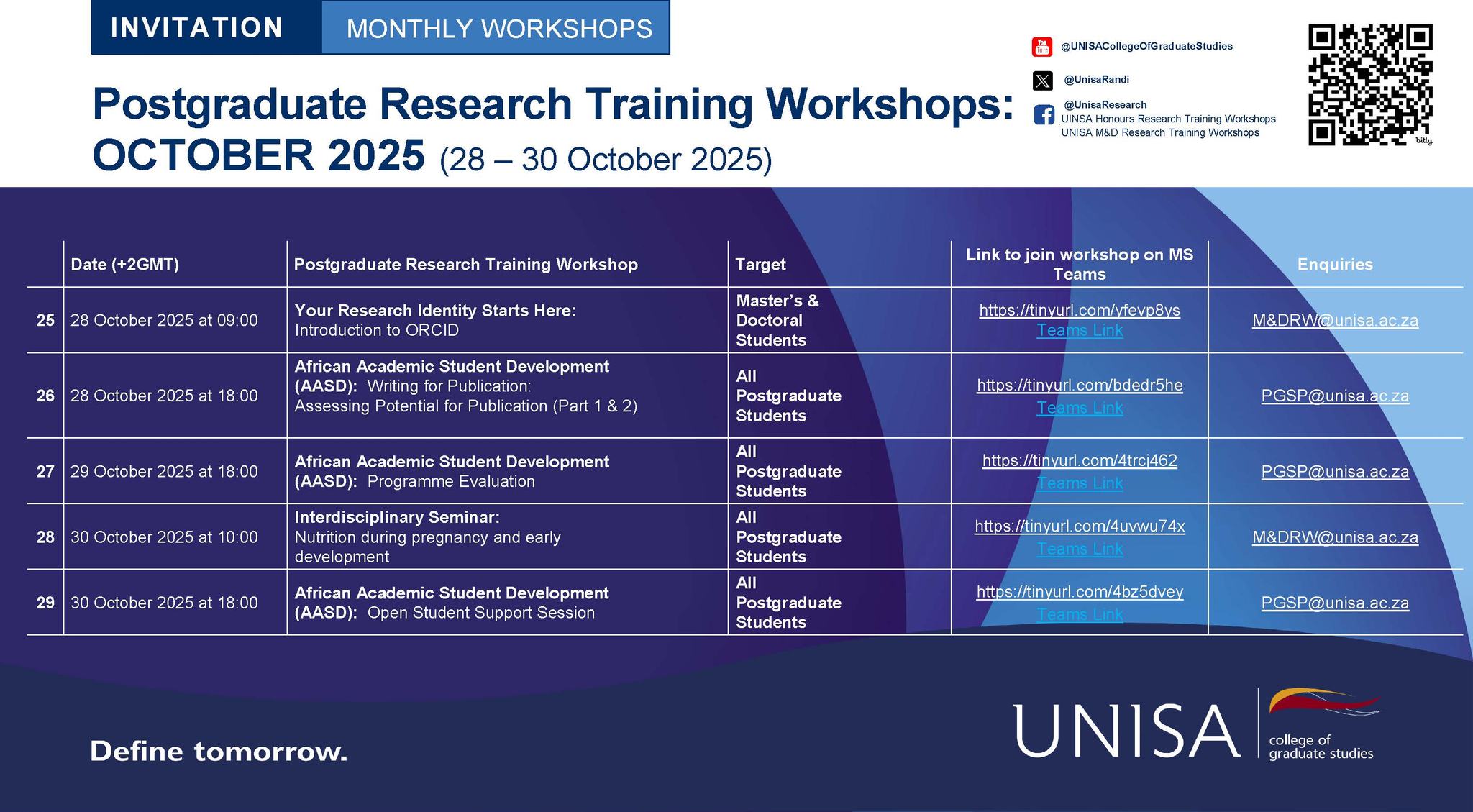 Postgraduate Research Training Workshops Schedule for 28 – 30 October 2025.