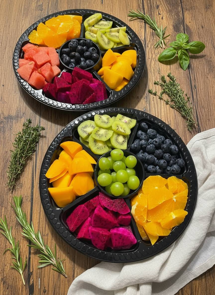 A colorful fruit platter bursting with freshness 🍇🥝🍊🍉 — juicy