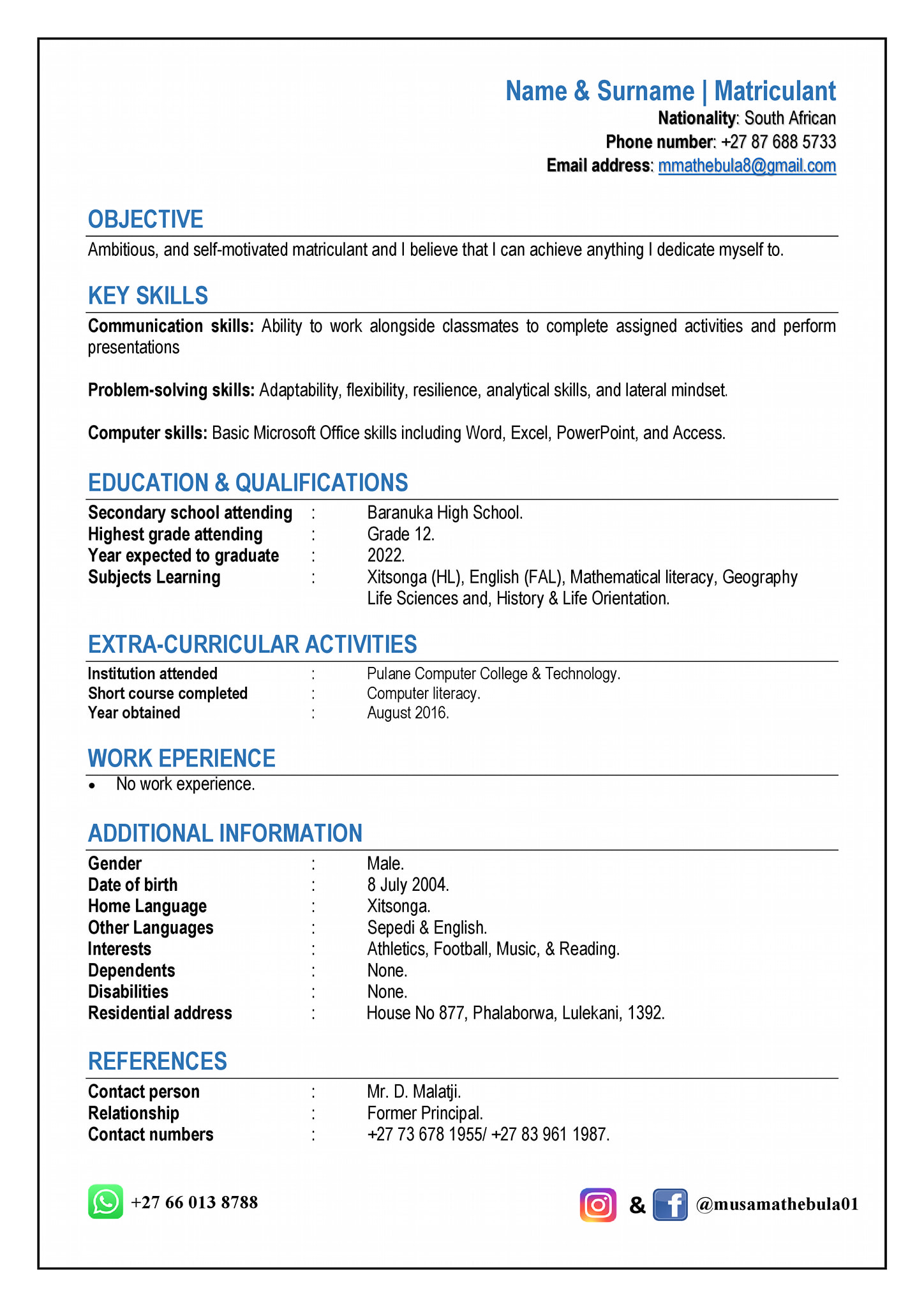 Musa Mathebula - CV - Sample Design (Without A... | Facebook
