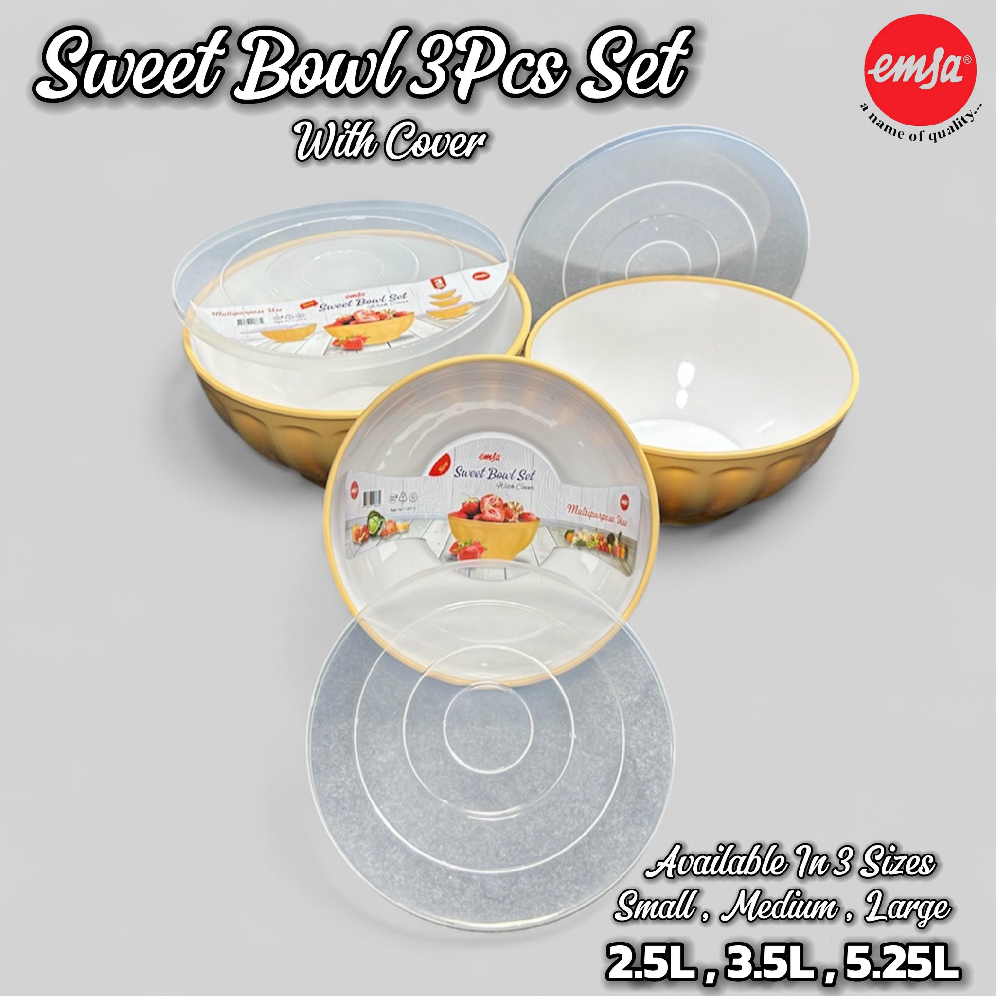 🌟 NEW ARRIVAL – EMSA PLASTIC INDUSTRY 🌟 Introducing our New Sweet Bowl 3 Pcs Set with Cover – the perfect blend of elegance, quality, and convenience! 🍲✨ ✓ Available in 3 sizes: 📍 Small – 2.5L 📍 Mediu
