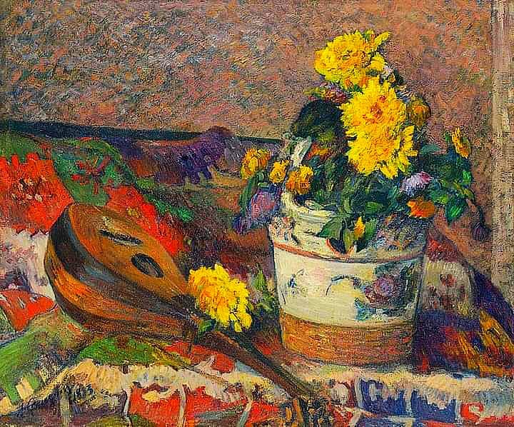 Paul Gauguin - Dahlias et mandoline, 1883. Oil on canvas, 18 7/8 x