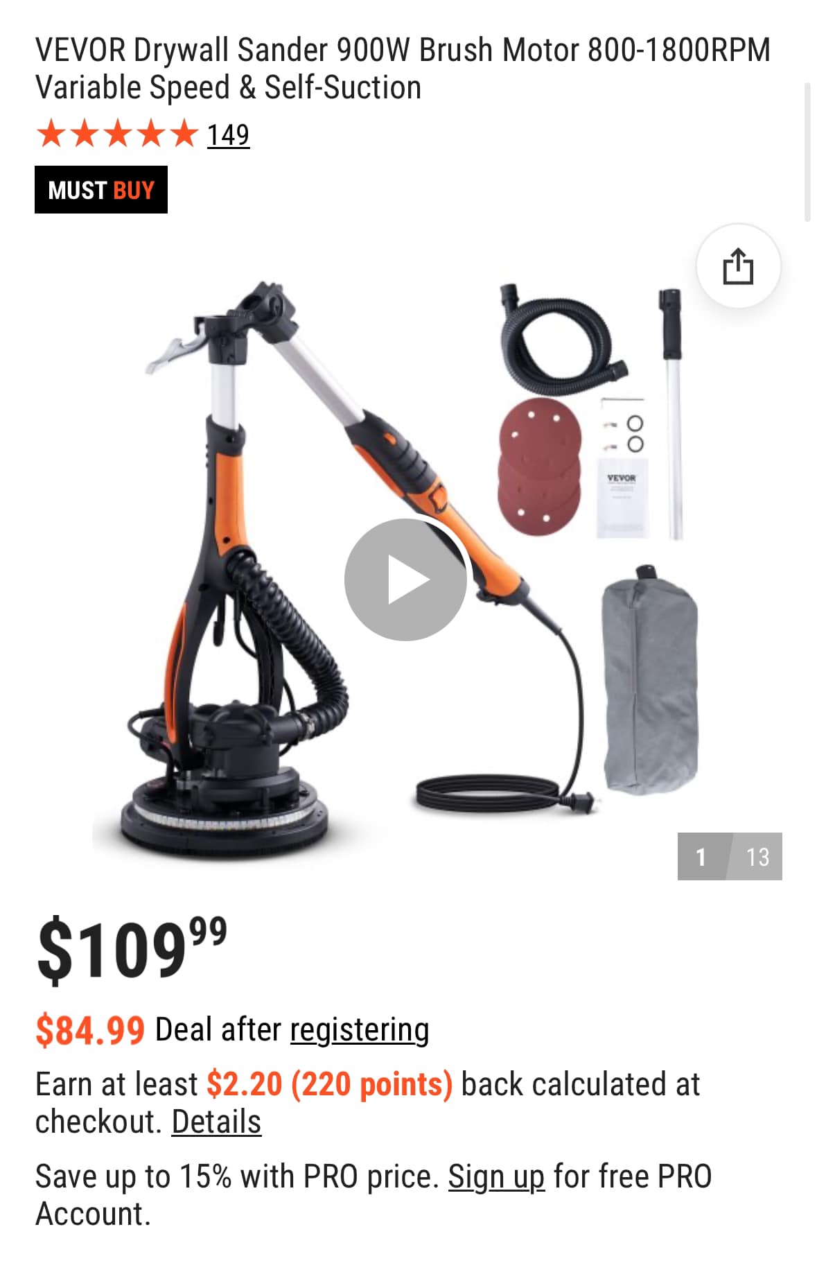 VEVOR 900W Drywall Sander - Variable Speed 800-1800 RPM With Self-Suction Function
