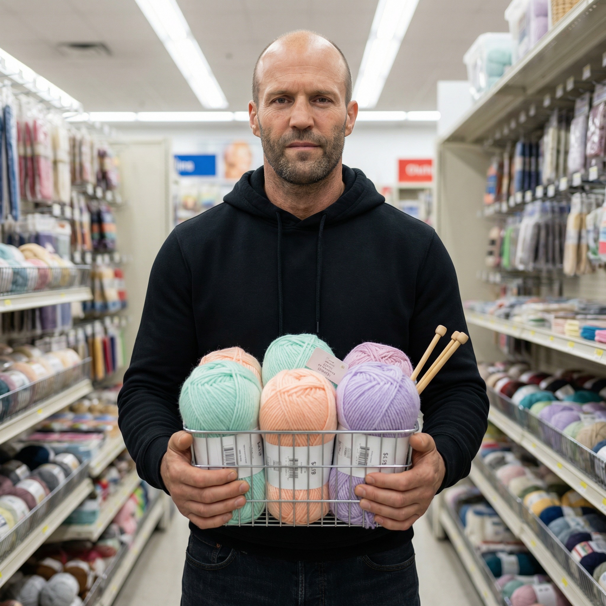 Jason Statham choosing yarn like a boss. 🧶💪😎