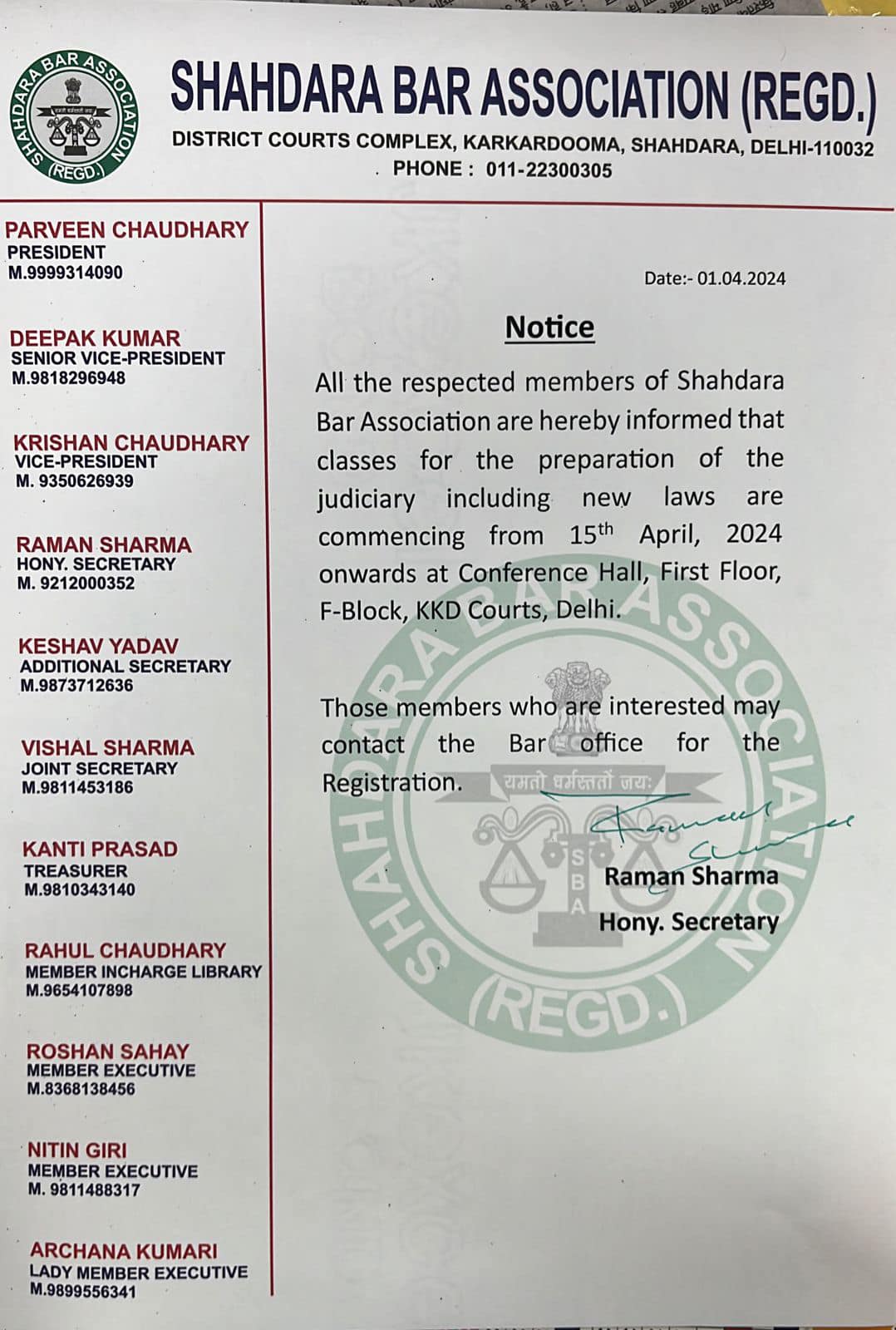 Advocate Raman Sharma For Hony. Secretary