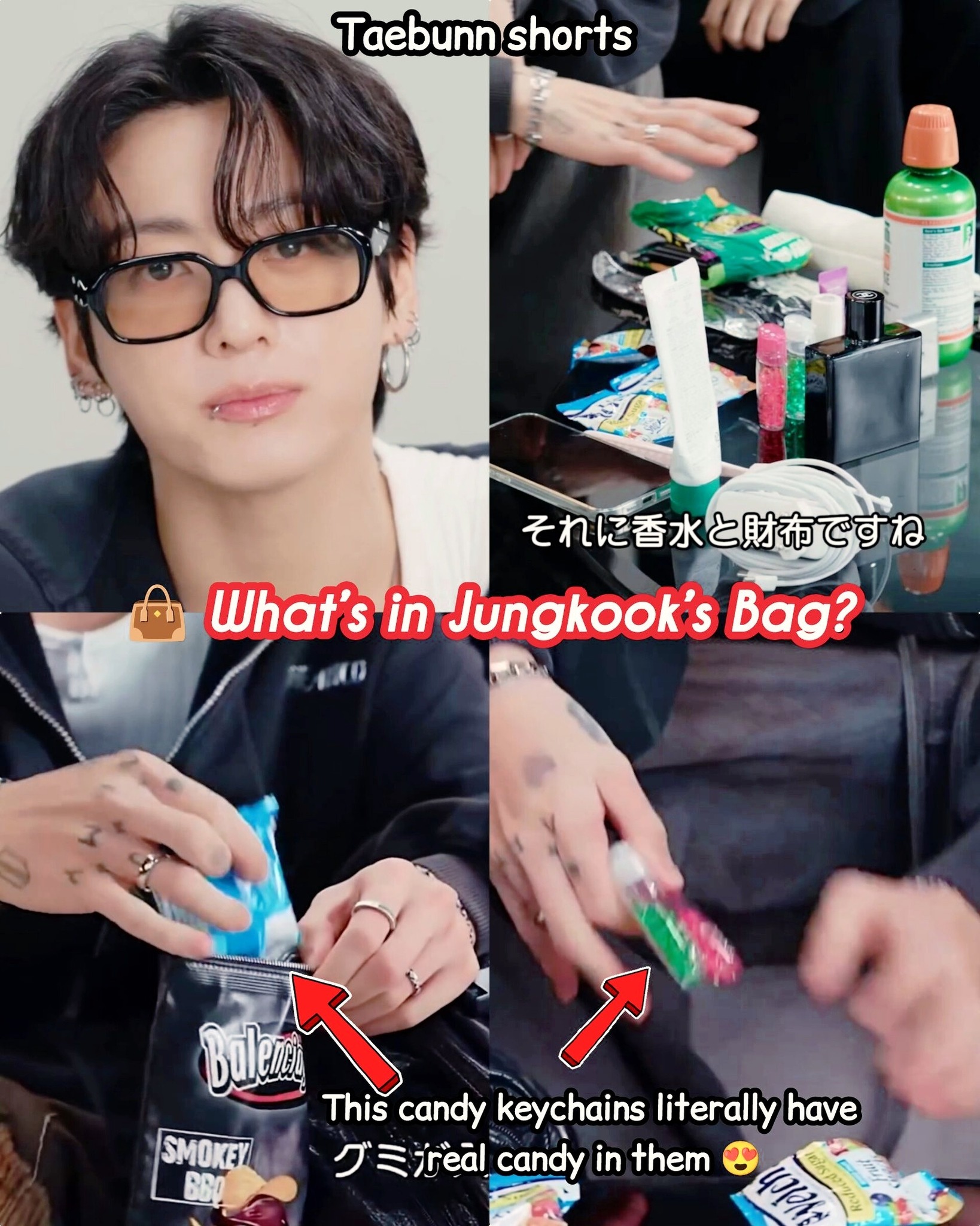 Jungkook's bag essentials include candy keychains and tech accessories