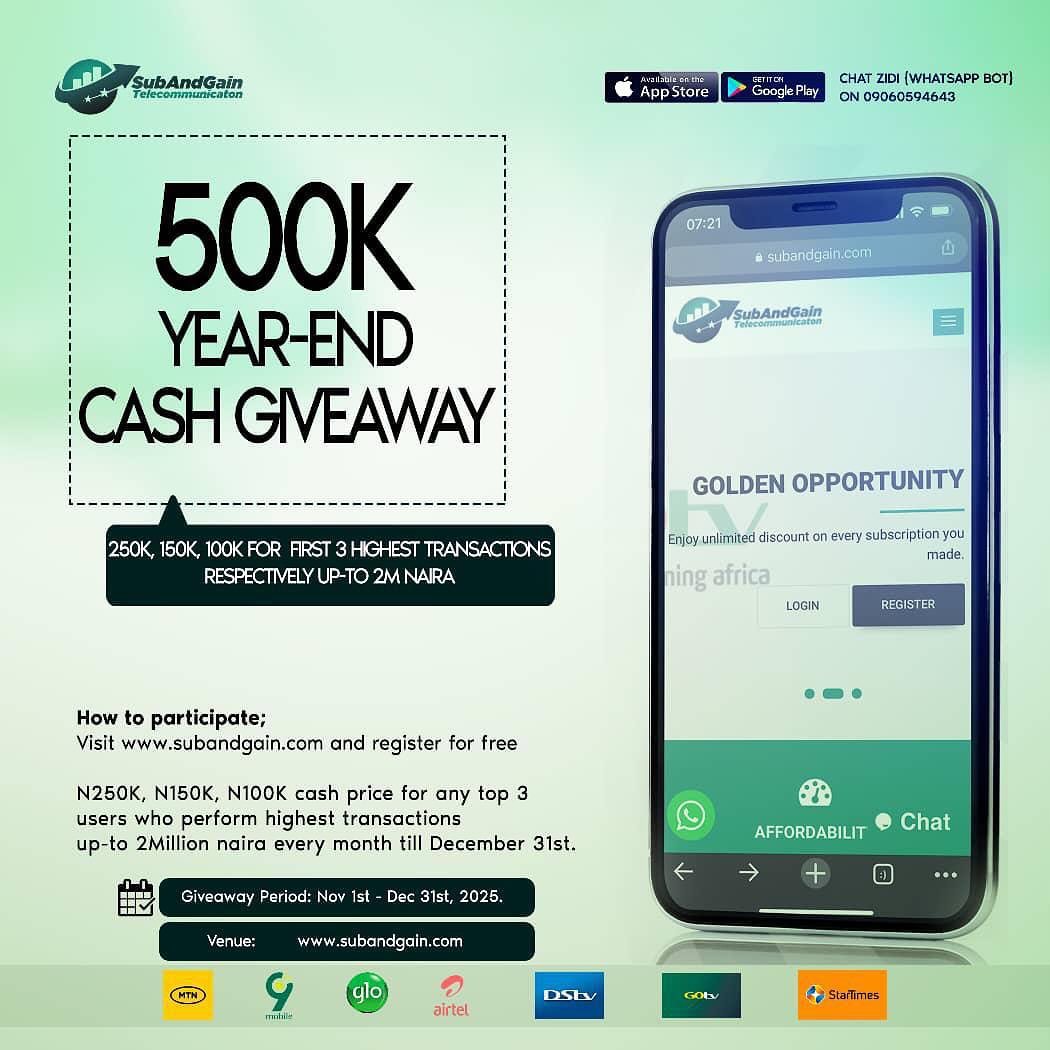 Suband Gain - 🎉 *SubAndGain ₦500,000 End of the Year... | Facebook
