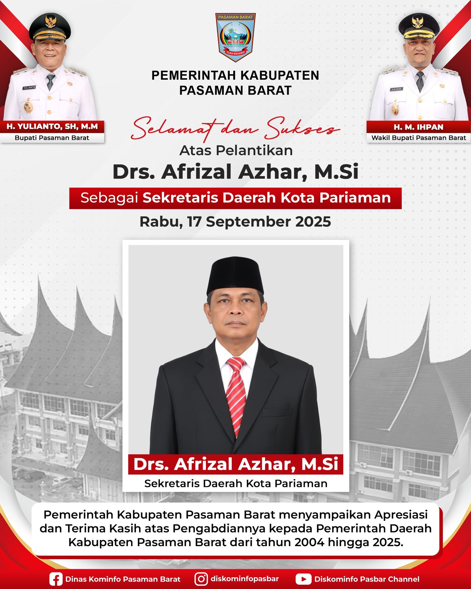 Dinas - Selamat & Sukses atas pelantikan Drs. AFRIZAL AZHAR, M.Si ...