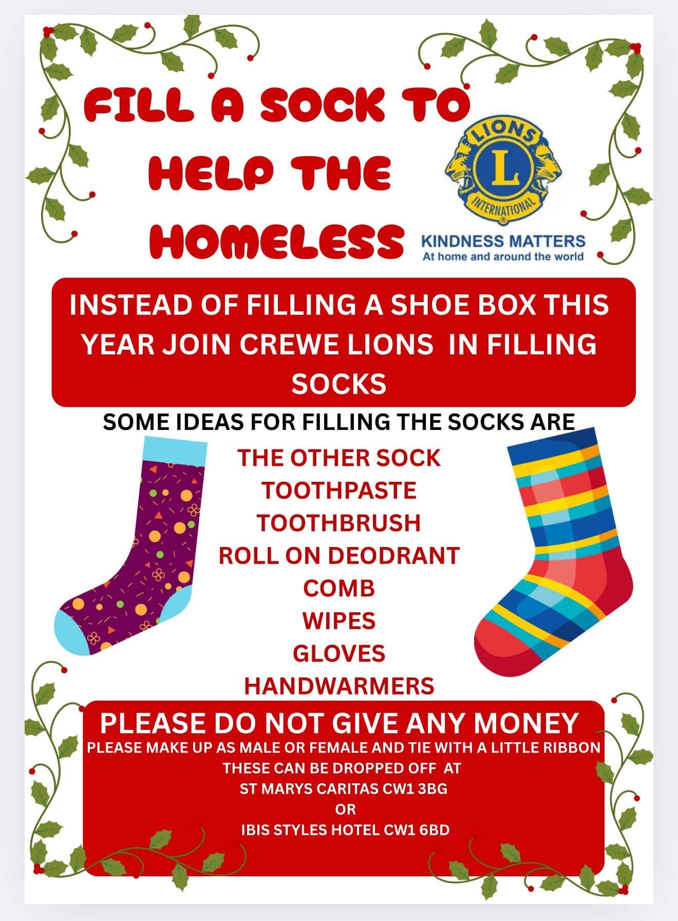 Crewe - 🎄🧦 Fill a Sock to Help the Homeless! 🧦🎄 This year, instead of ...