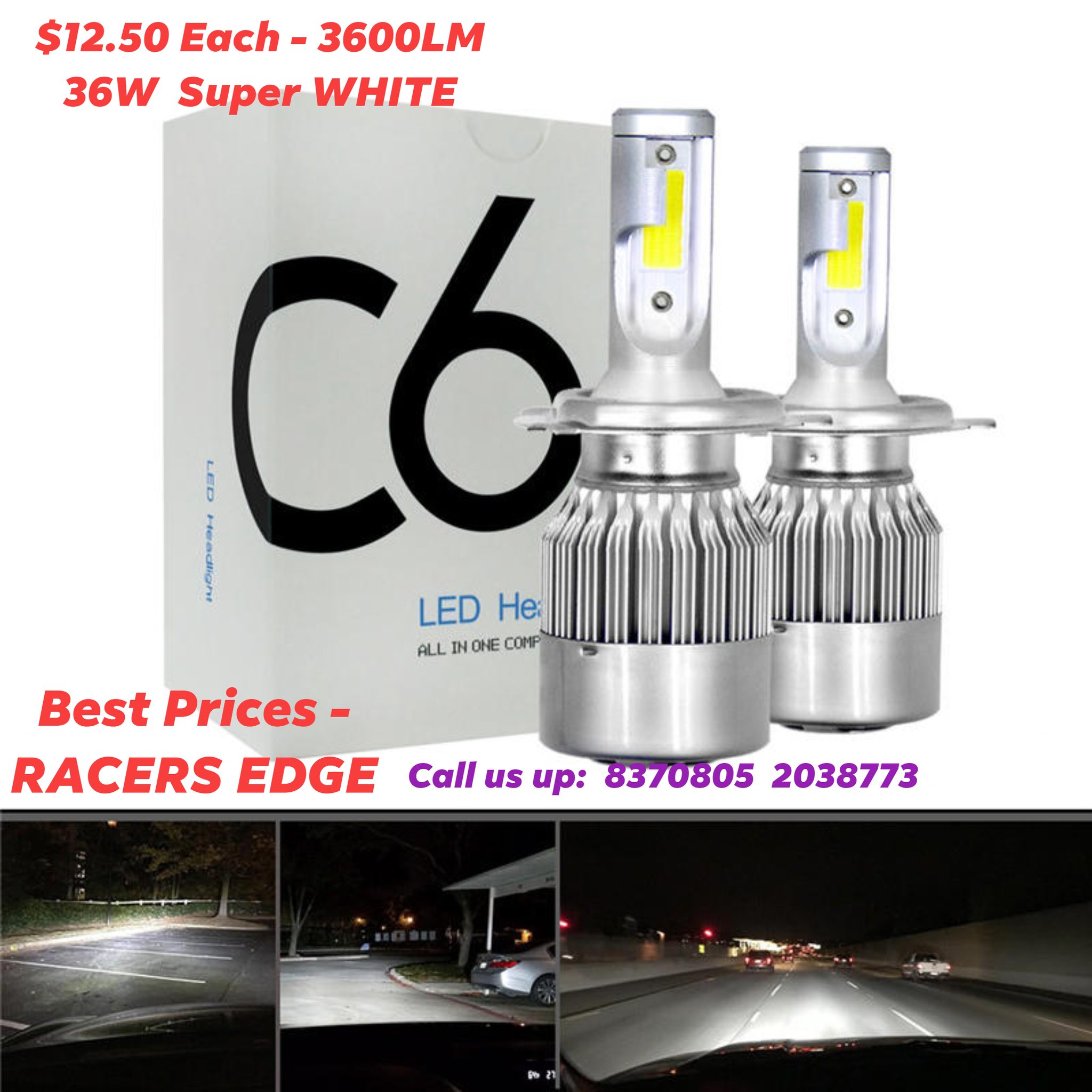 IRONWALLS 4-Side H11 LED Headlight Bulbs – 360000LM Super Bright White – 6000K, IP68 – 2 Pack
