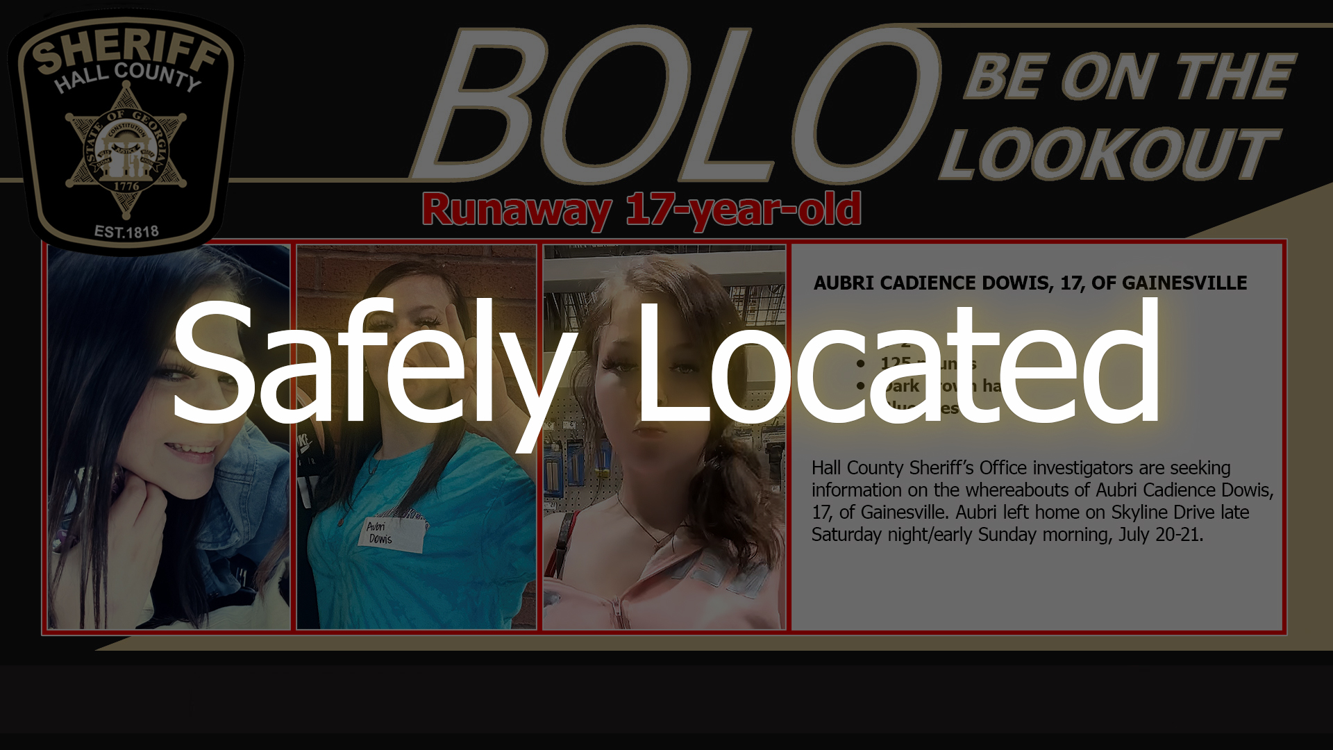 𝗨𝗣𝗗𝗔𝗧𝗘, 𝟵:𝟰𝟬 𝗮.𝗺., 𝗔𝘂𝗴. 𝟭 -... - Hall County Sheriff's Office | Facebook