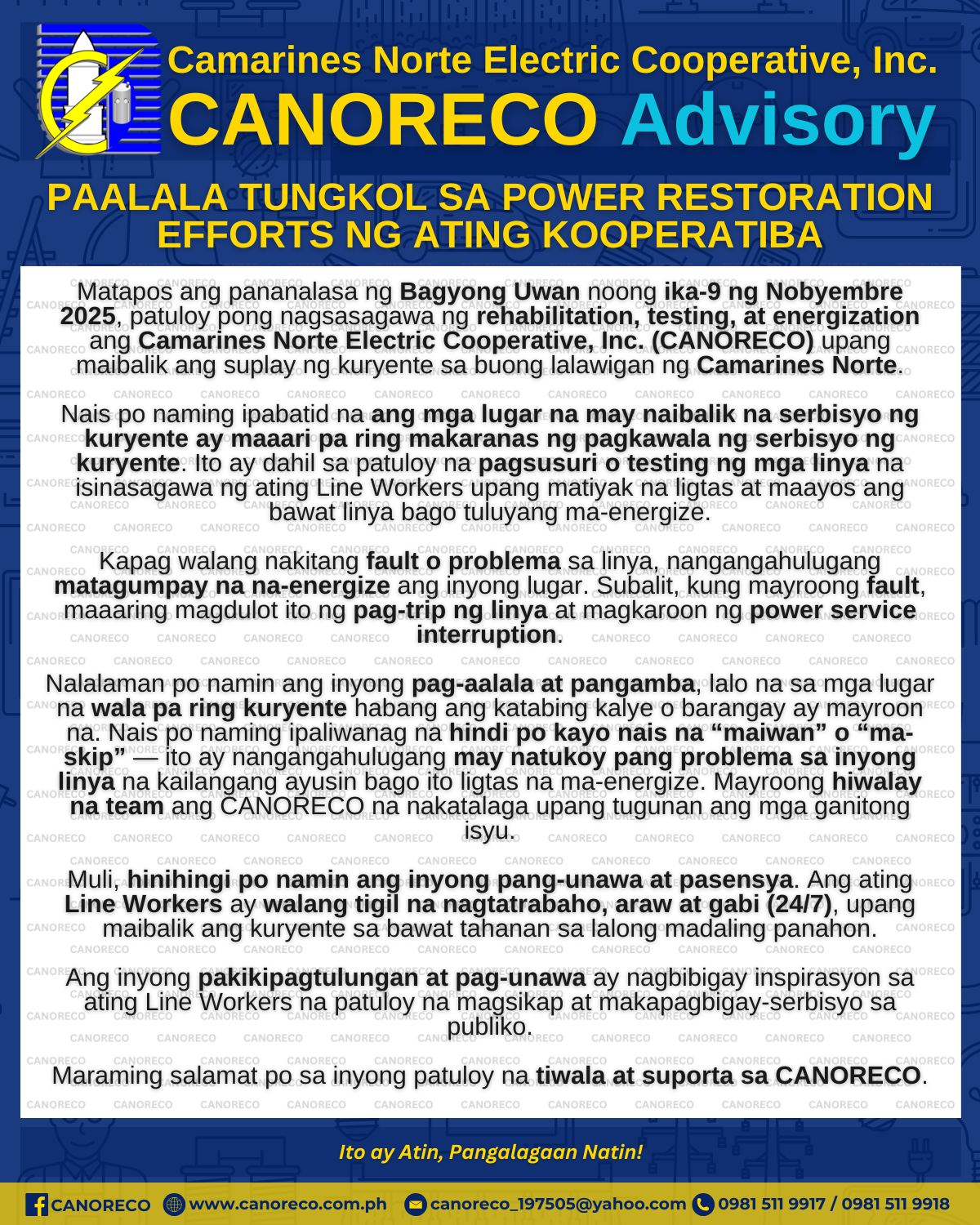CANORECO - CANORECO Advisory: PAALALA TUNGKOL SA POWER RESTORATION ...