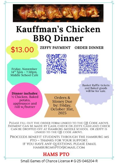 Kauffman's Chicken BBQ dinner and Basket Raffle