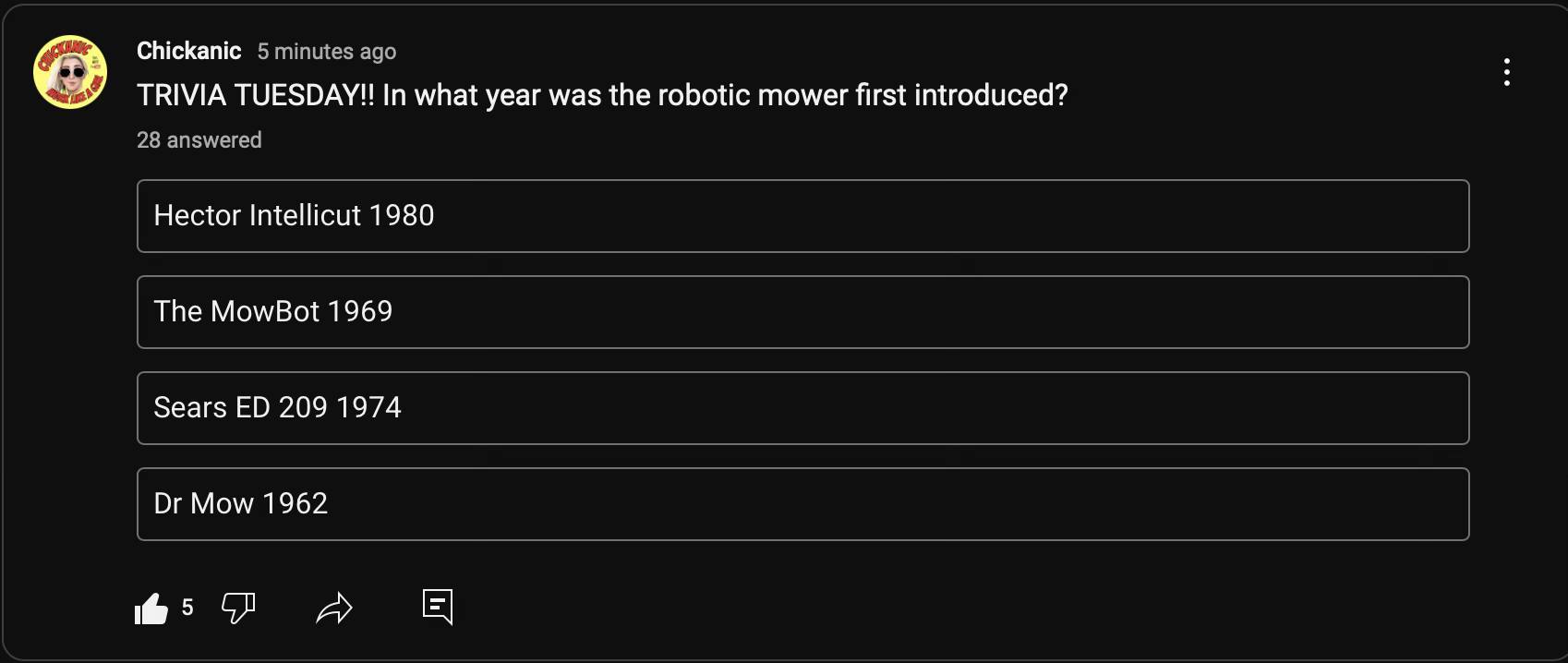 Chickanic - Today's TRIVIA TUESDAY question on Youtube! Do... | Facebook