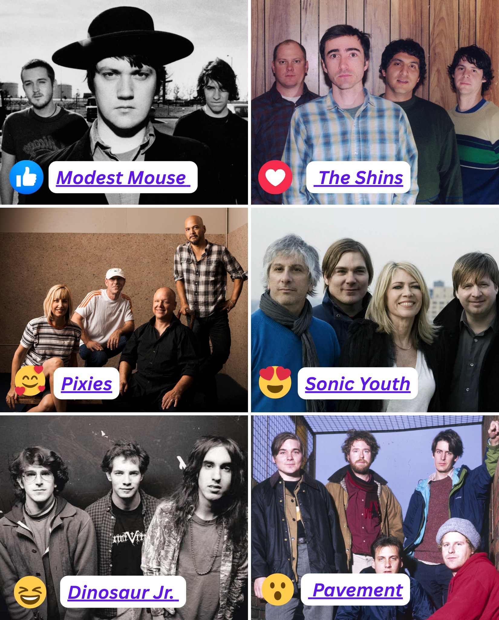 👍 The Smashing Pumpkins / ❤️ Weezer / 😍 Pixies / 🔥 Sonic