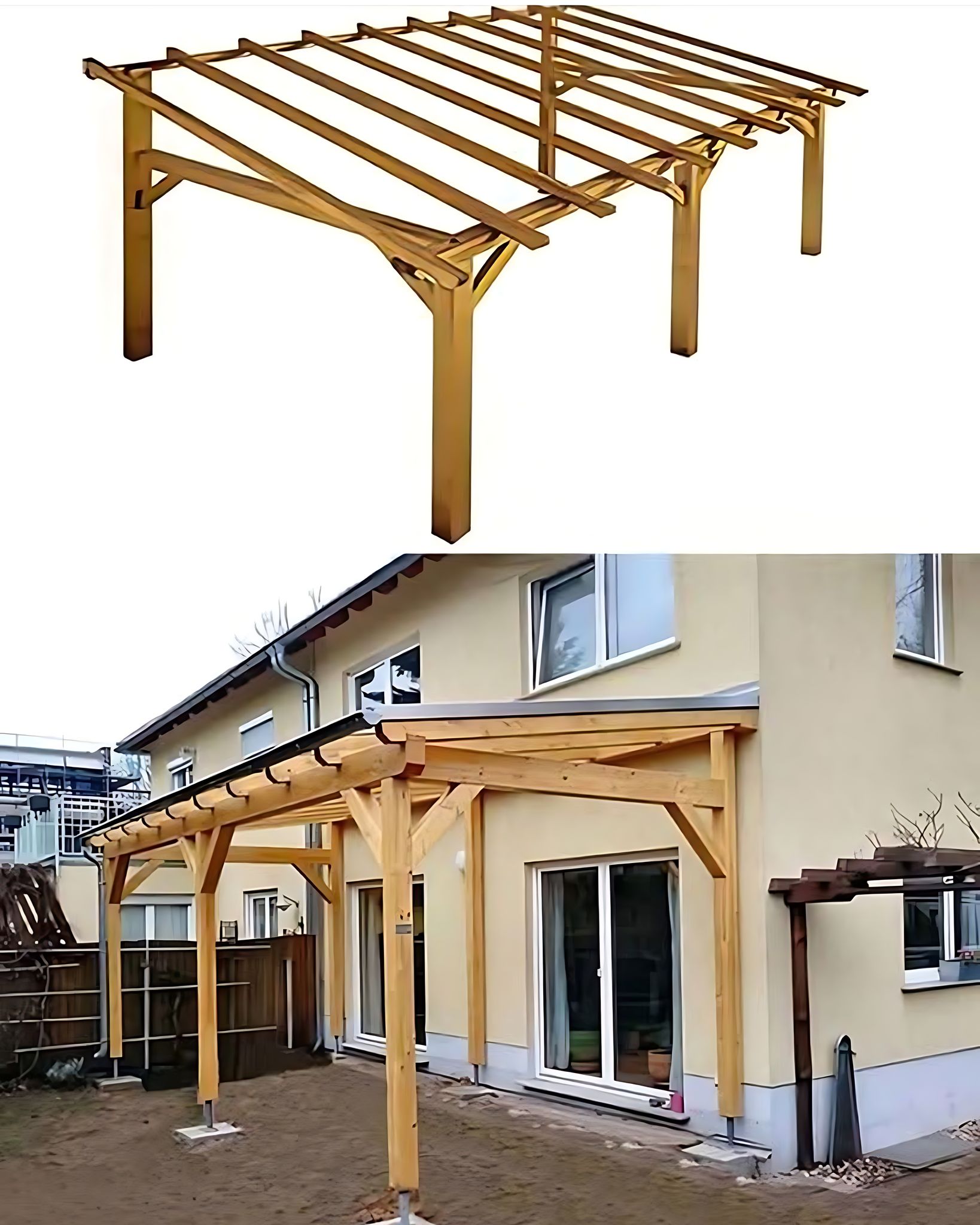 Good - A wooden structure, specifically a pergola or carport, in two ...
