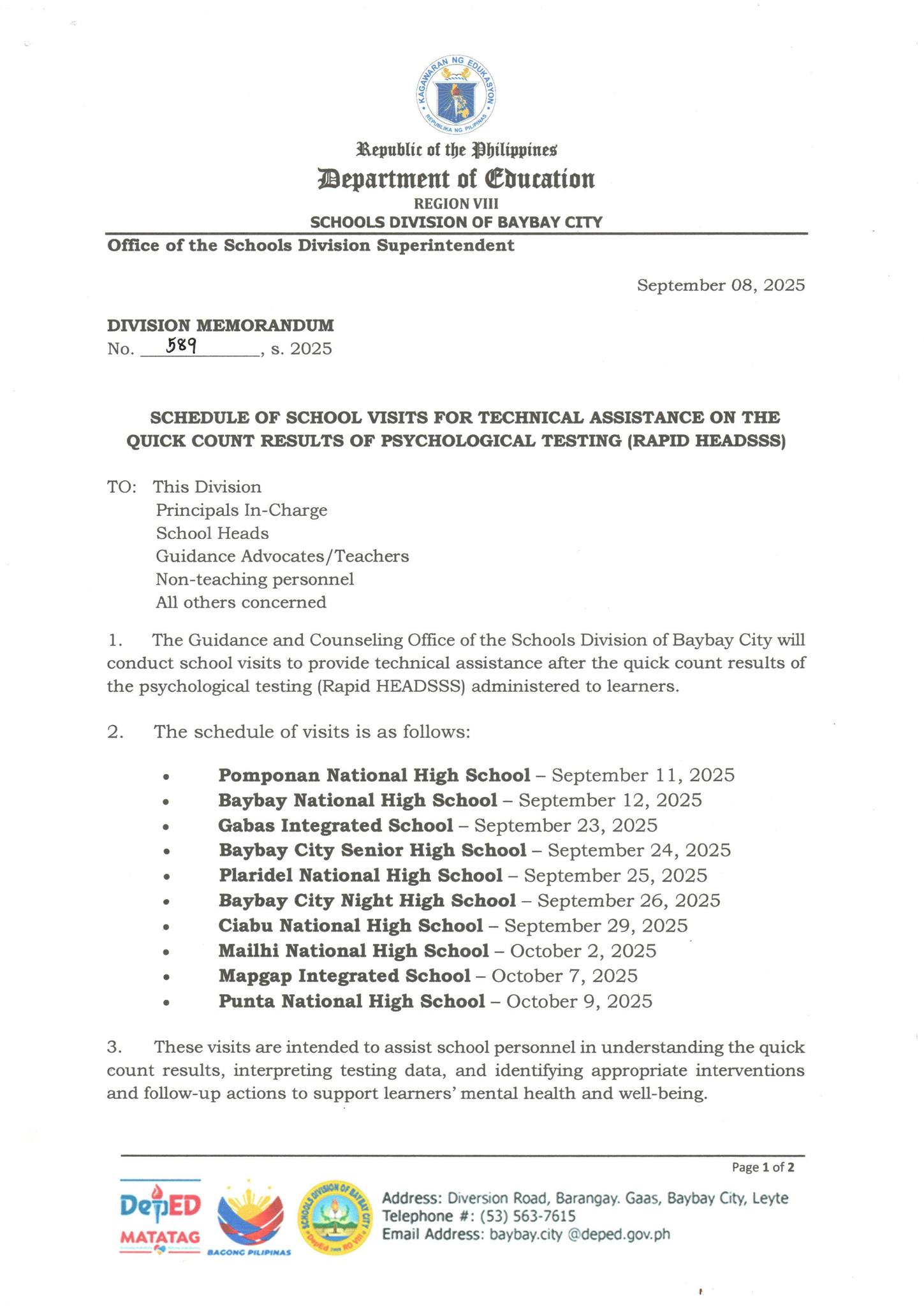 Recs Senag - DM NO 589, S. 2025 SCHEDULE OF SCHOOL VISITS... | Facebook
