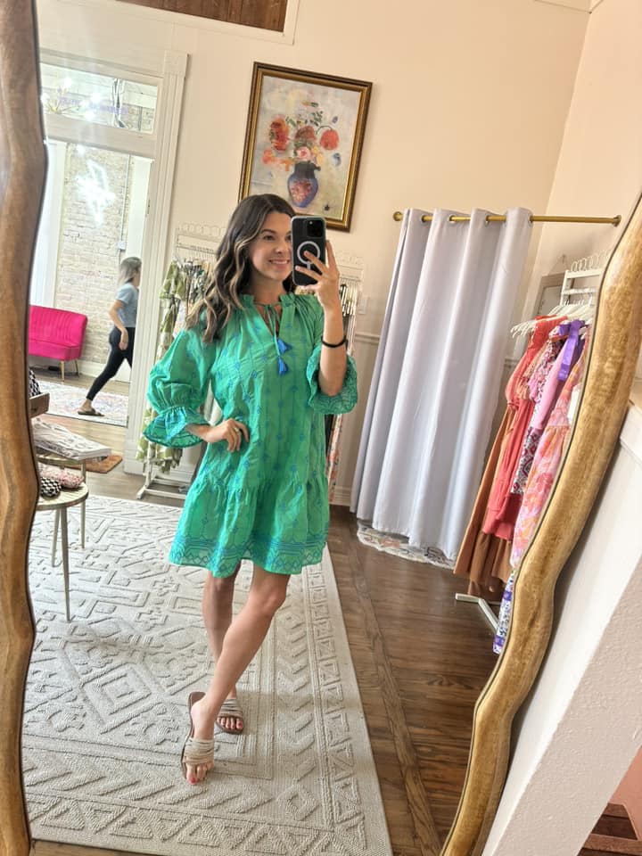 sky blue and green combination dress embroidered for beach or work 35902