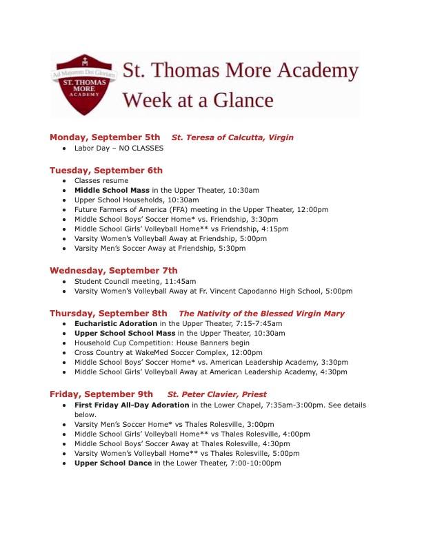 The STMA Week at a Glance for... - St. Thomas More Academy | Facebook