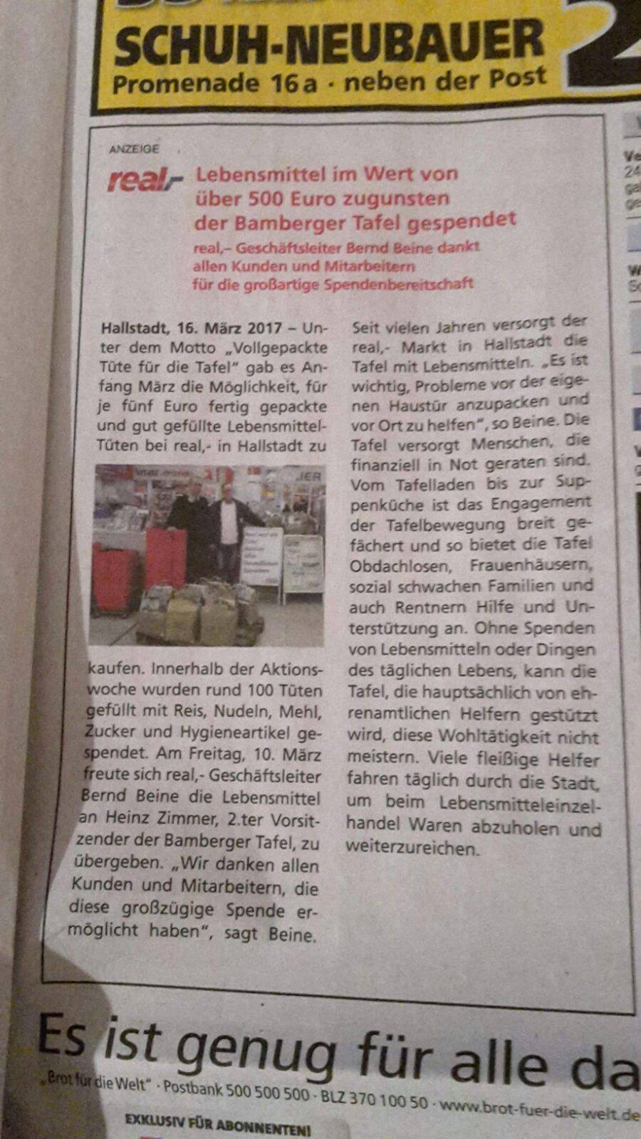 Spendenaktion Durch Real Hallstadt Die Bamberger Tafel E V