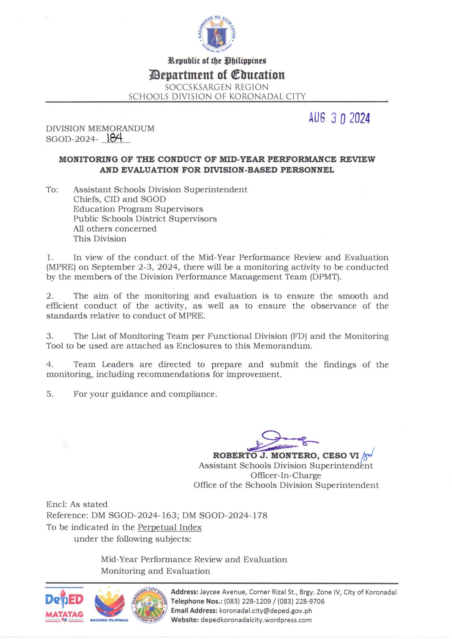 DM SGOD-2024-184 - MONITORING... - DepEd Tayo Koronadal City