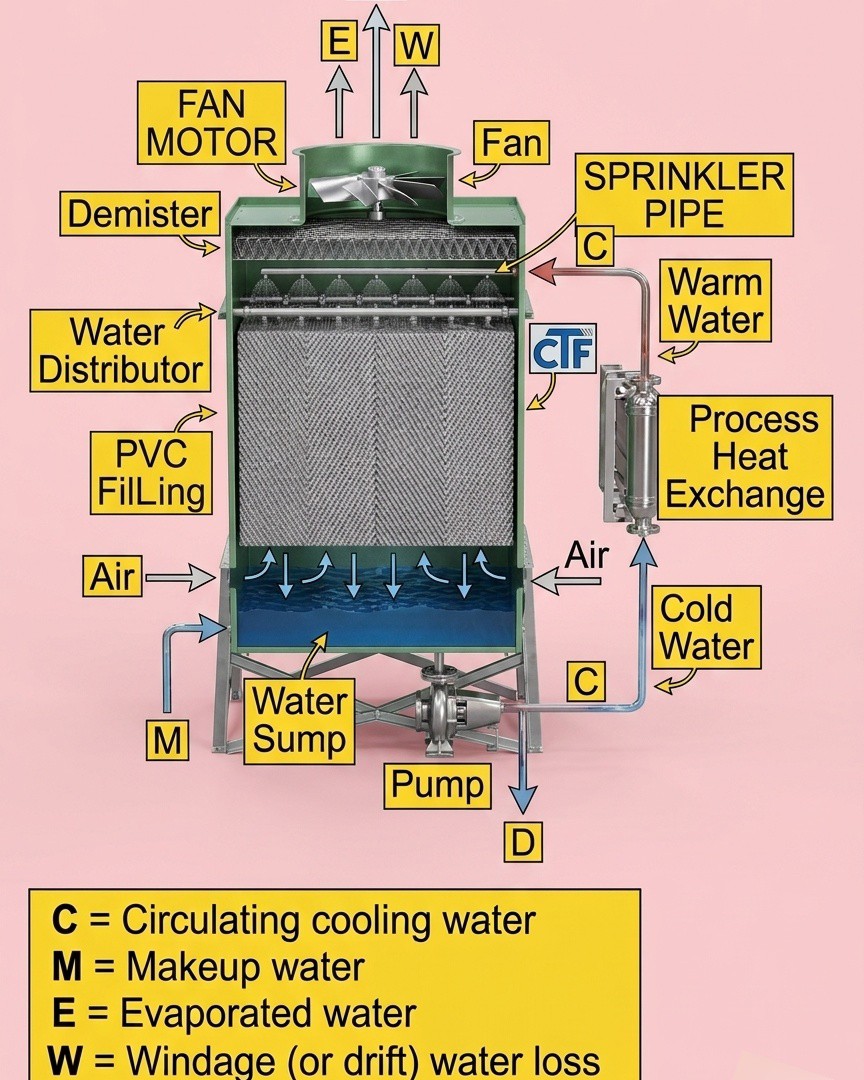 A detailed diagram of a cooling tower, showcasing its components like the fan motor, demister, sprinkler pipe, water sump, and pump. It explains how circulating cooling water is processed through a heat