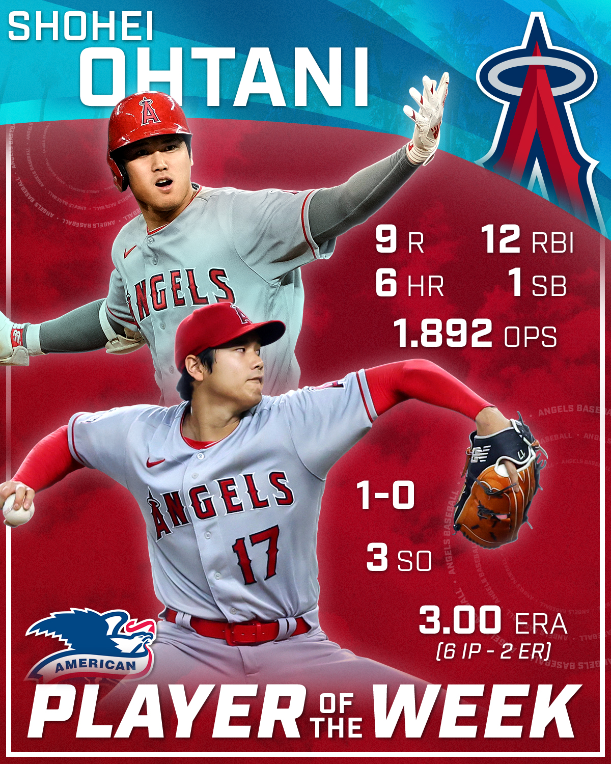Another one. Shohei Ohtani is the A.L. Player of the Week! 大谷