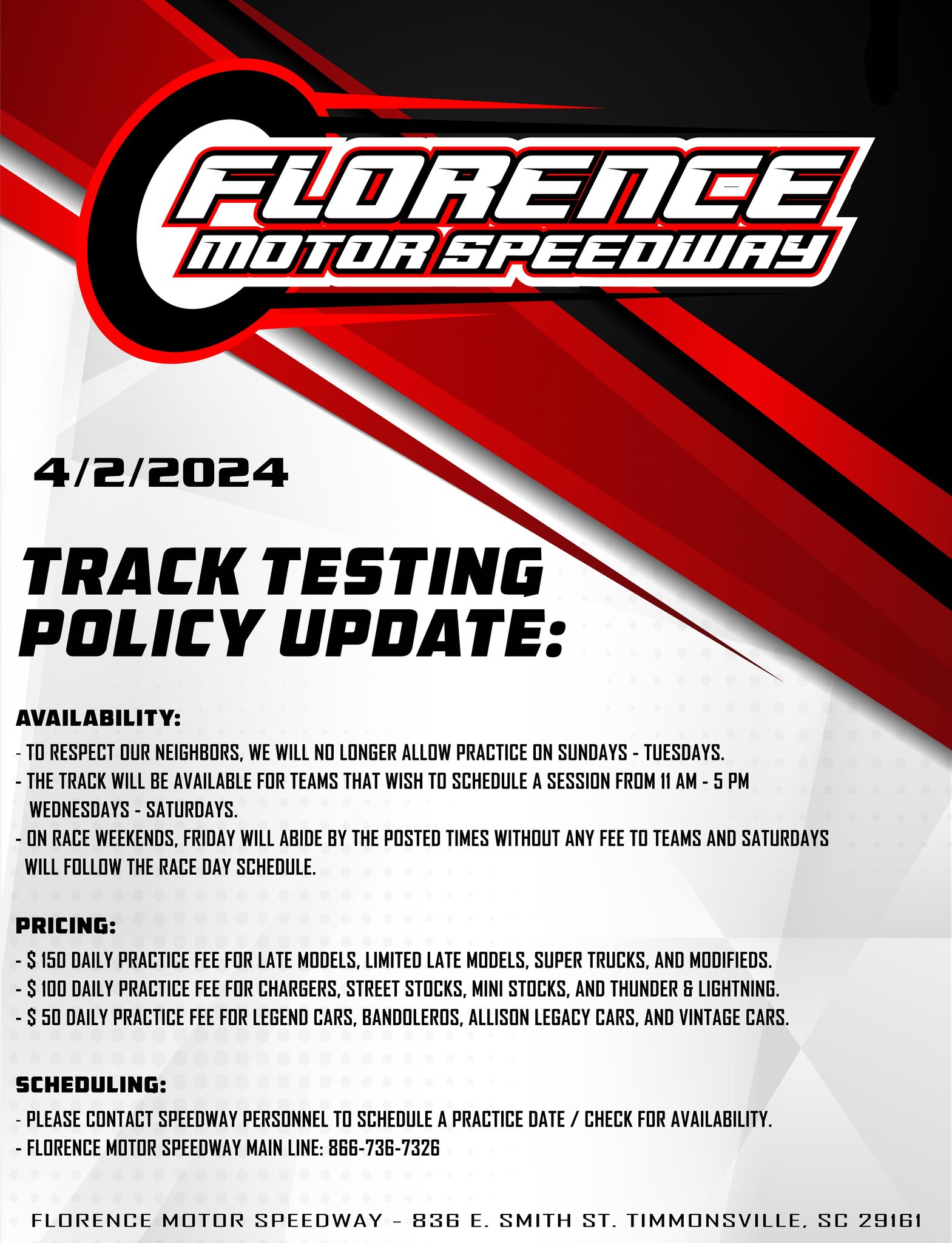 2024 TRACK TESTING POLICY UPDATE... - Florence Motor Speedway | Facebook